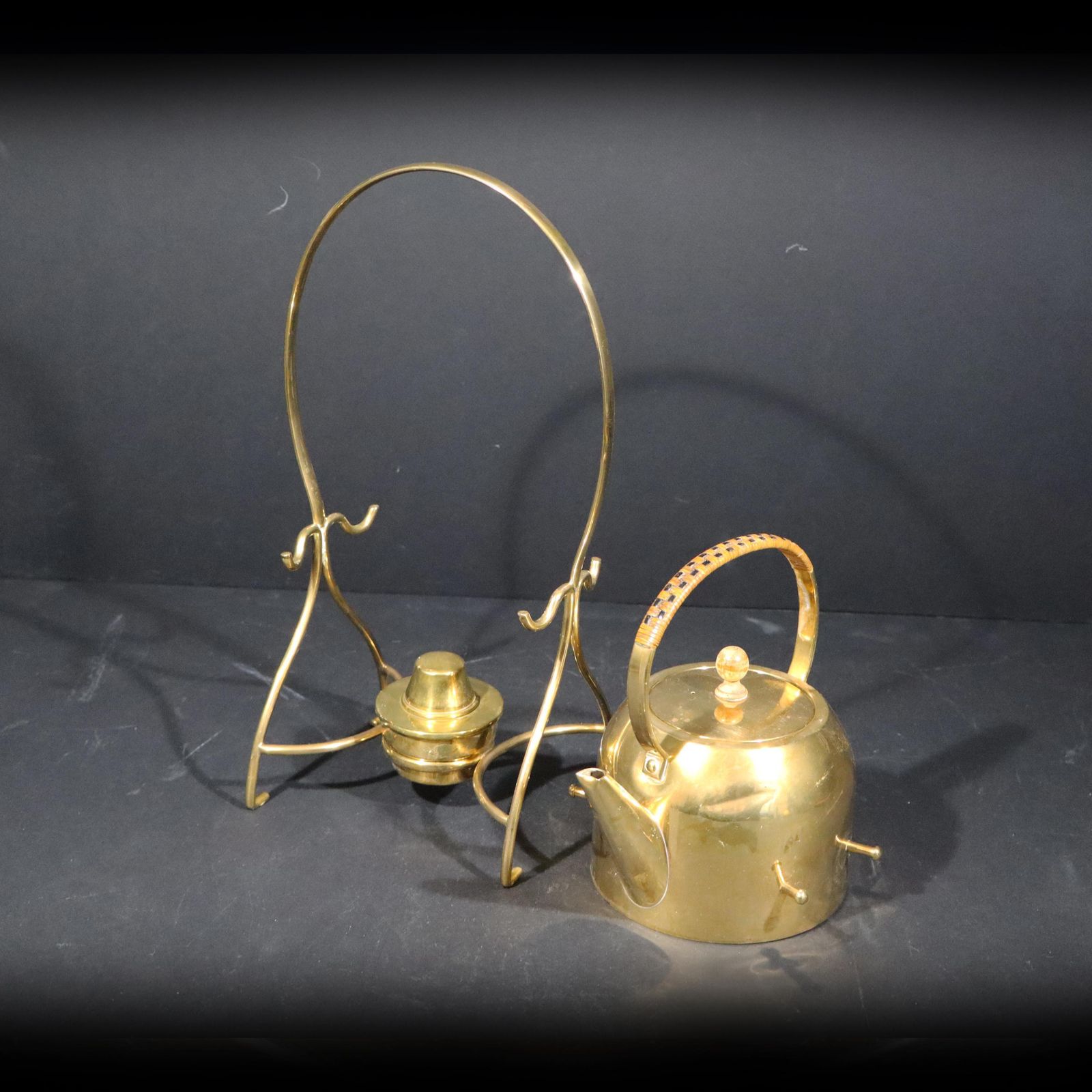 Art Nouveau Copper Tea Kettle French Antique Brass & Copper Tilting Teapot Stand With Burner photo 445.0