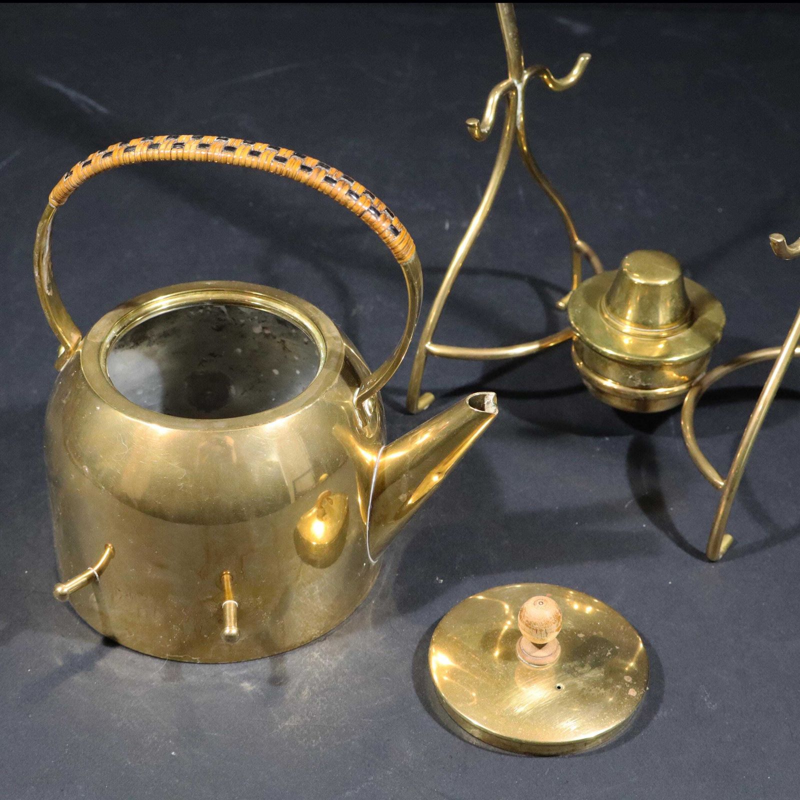 Art Nouveau Copper Tea Kettle French Antique Brass & Copper Tilting Teapot Stand With Burner photo buy