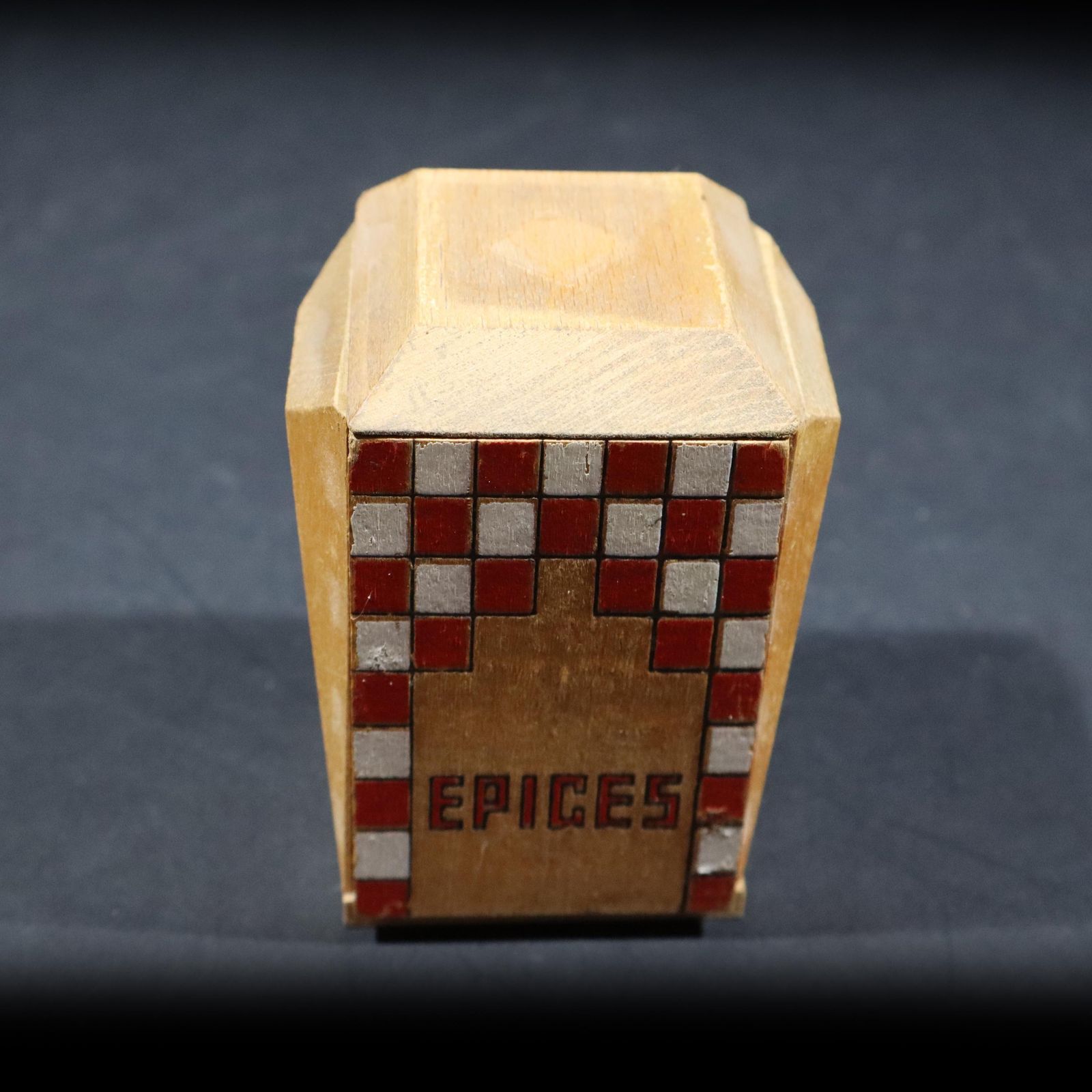 Antique Spice Canisters & Salt Box Wooden Lustucru Pattern French Kitchen Storage Jars photo for sale