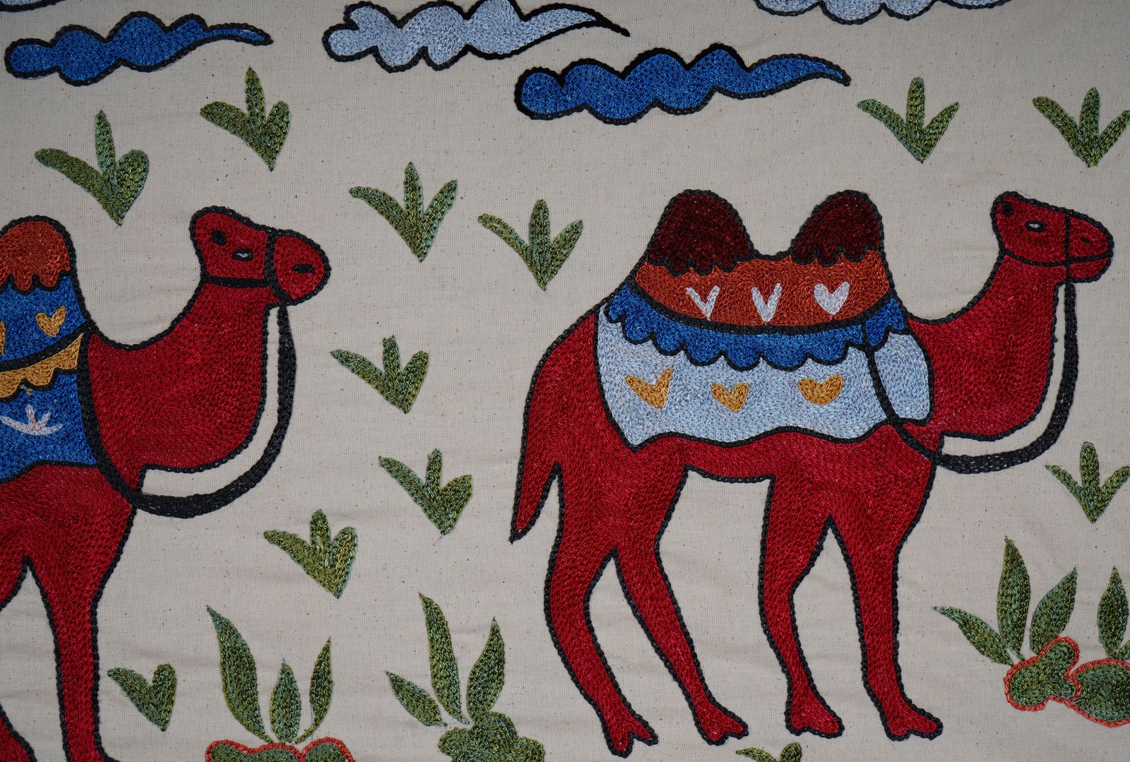 Uzbek Suzani Animal Cotton Tablecloth, 19th Century Bukhara Wall Hanging Decor   Camel Cotton Runner 1'7'' X 4'9'' photo for sale