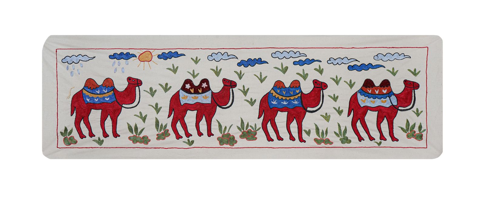 Uzbek Suzani Animal Cotton Tablecloth, 19th Century Bukhara Wall Hanging Decor   Camel Cotton Runner 1'7'' X 4'9''