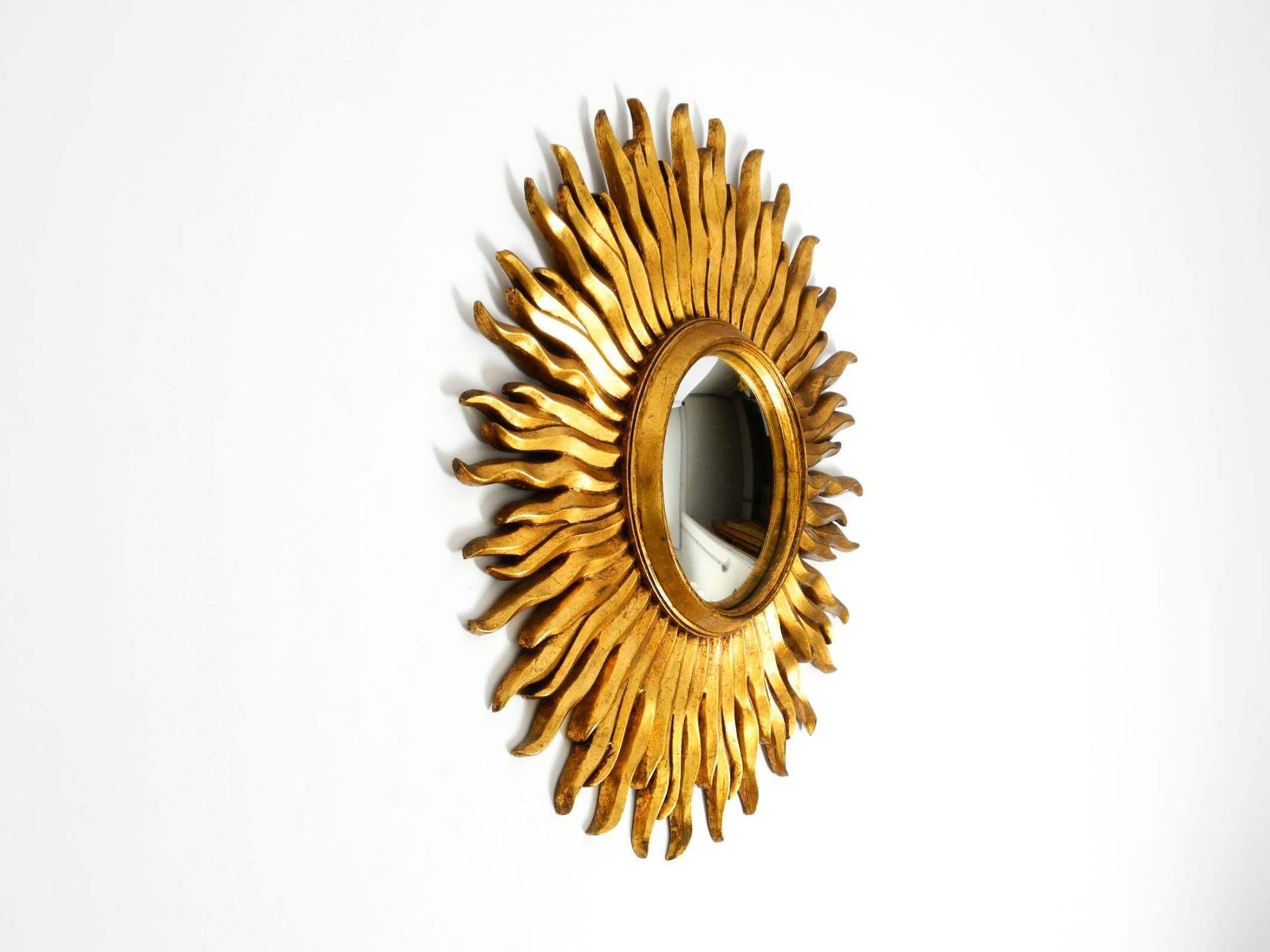 Large Mid Century Sunburst Kovex Wall Mirror Made Of Wood And Resin, Gold Plated photo for sale
