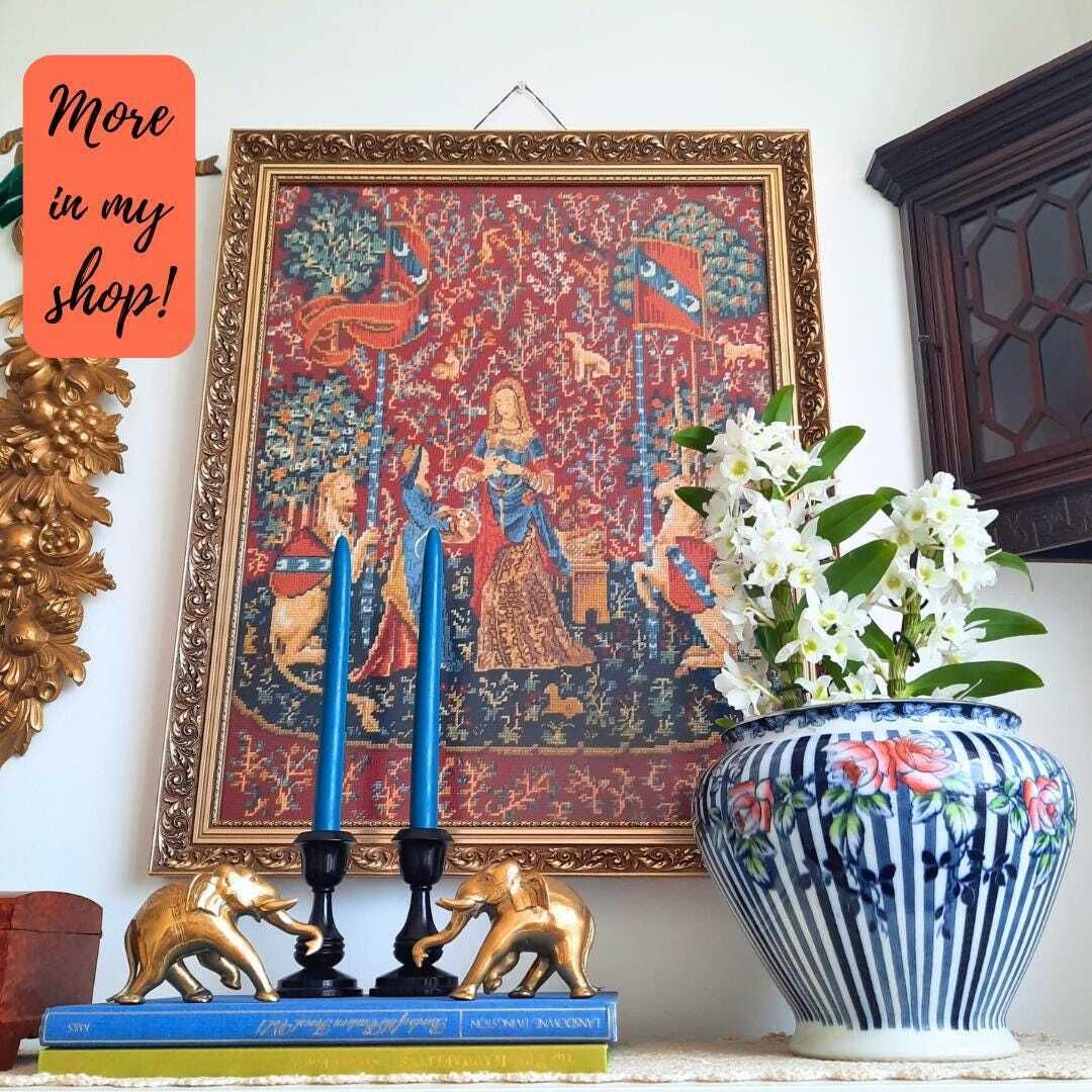 Vintage Large Wooden Golden Frame Needle Point Of The Lady And The Unicorn, Medieval Castlecore Style Wall Framed Art photo furniture