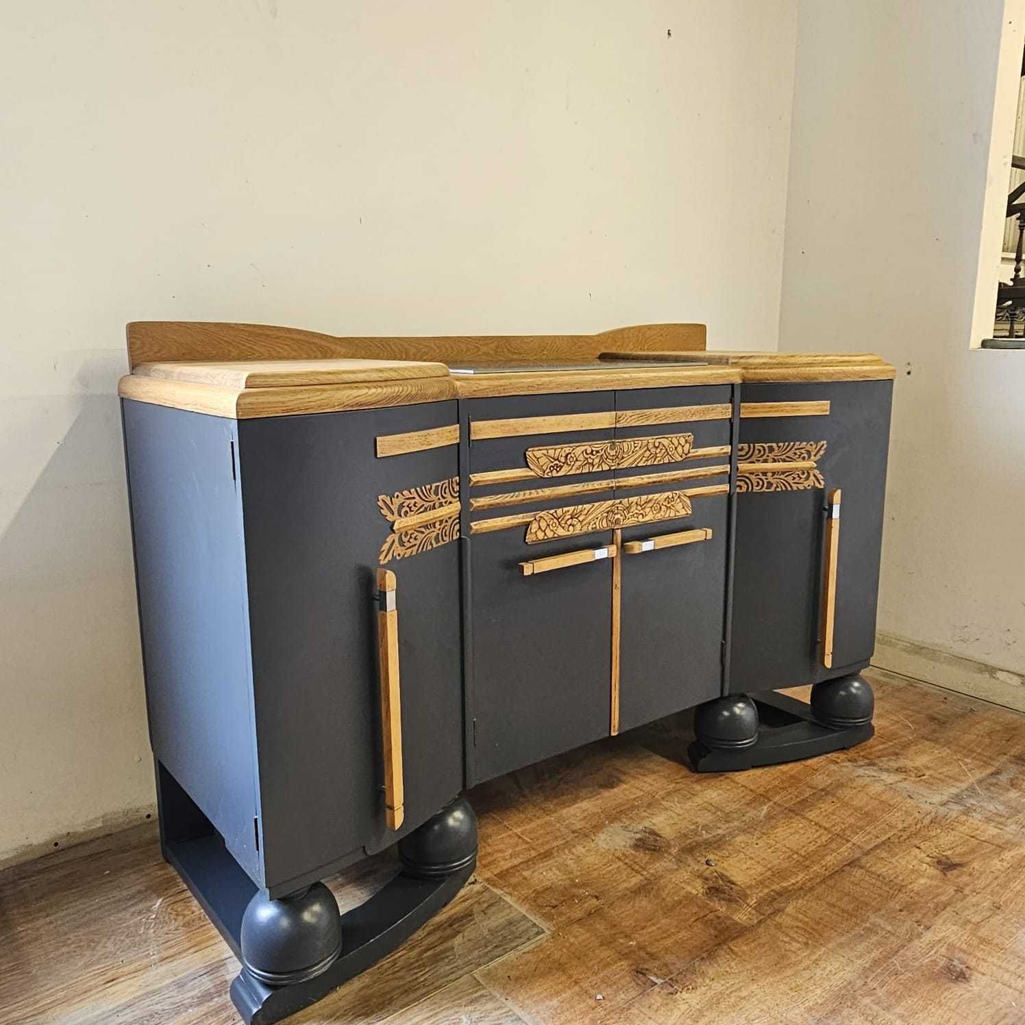 Art Deco Style Drinks Cabinet–Dark Blue With Natural Wood Detailing photo furniture
