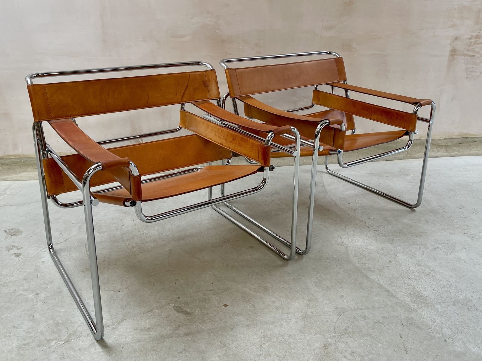 Wassily B3 Chair. Pair. By Fasem Not Knoll For Marcel Breuer. Brown Tan Leather And Chrome Bauhaus Lounge Club Accent Chairs. photo 3295.0
