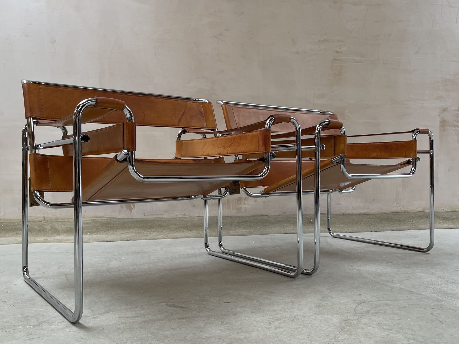 Wassily B3 Chair. Pair. By Fasem Not Knoll For Marcel Breuer. Brown Tan Leather And Chrome Bauhaus Lounge Club Accent Chairs. photo buy