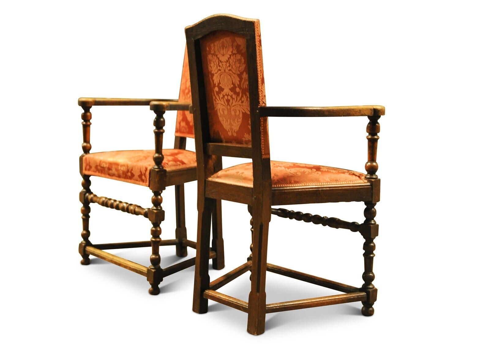 A Pair Of Oak Turned Elbow Chairs In An Early English Style With Rails And Stretchers With A Burnt Orange Damask Upholstery photo Furniture