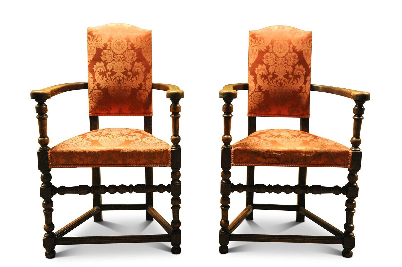 A Pair Of Oak Turned Elbow Chairs In An Early English Style With Rails And Stretchers With A Burnt Orange Damask Upholstery photo furniture