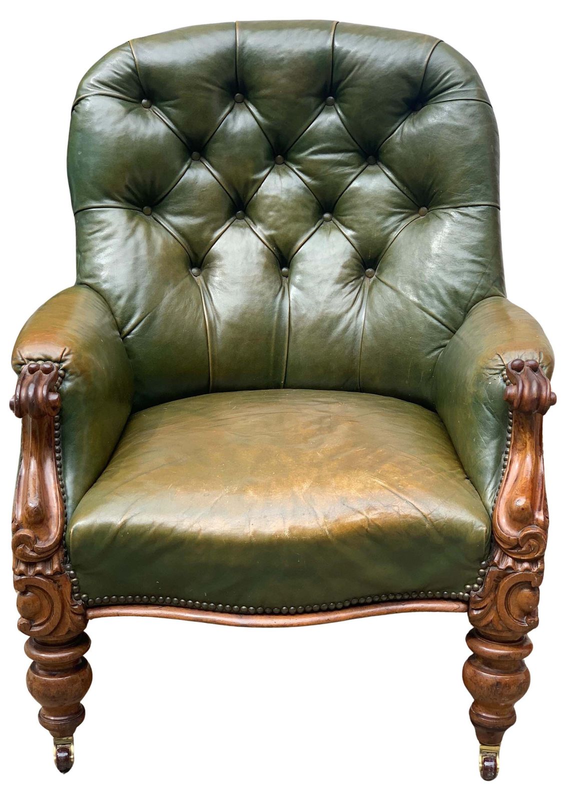 Victorian Polished Racing Green Leather Chesterfield Armchair With Brass Stud Detailing On Brown Porcelain Castors photo Furniture