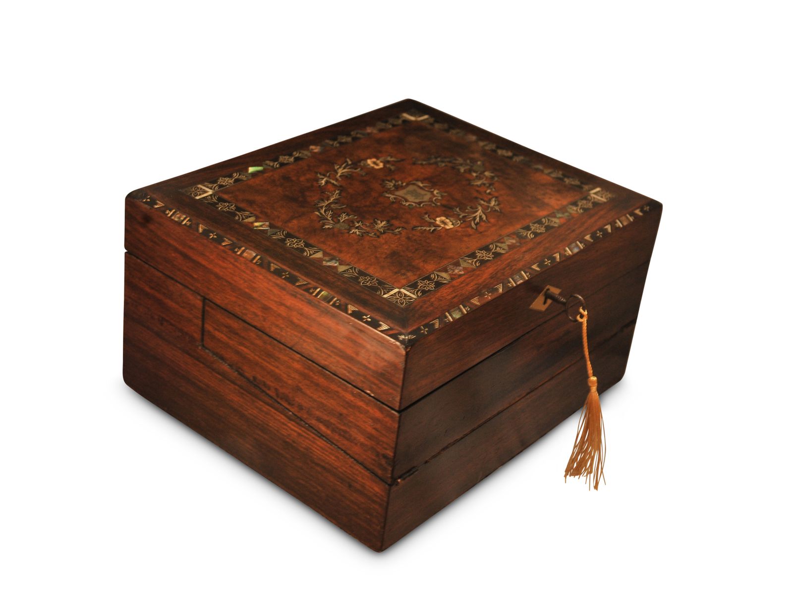 Elegant 19th Century Victorian Flame Mahogany Decorative Inlaid Fitted Writing Slope With Black Ebonised Accents & A Tooled Leather Interior photo furniture