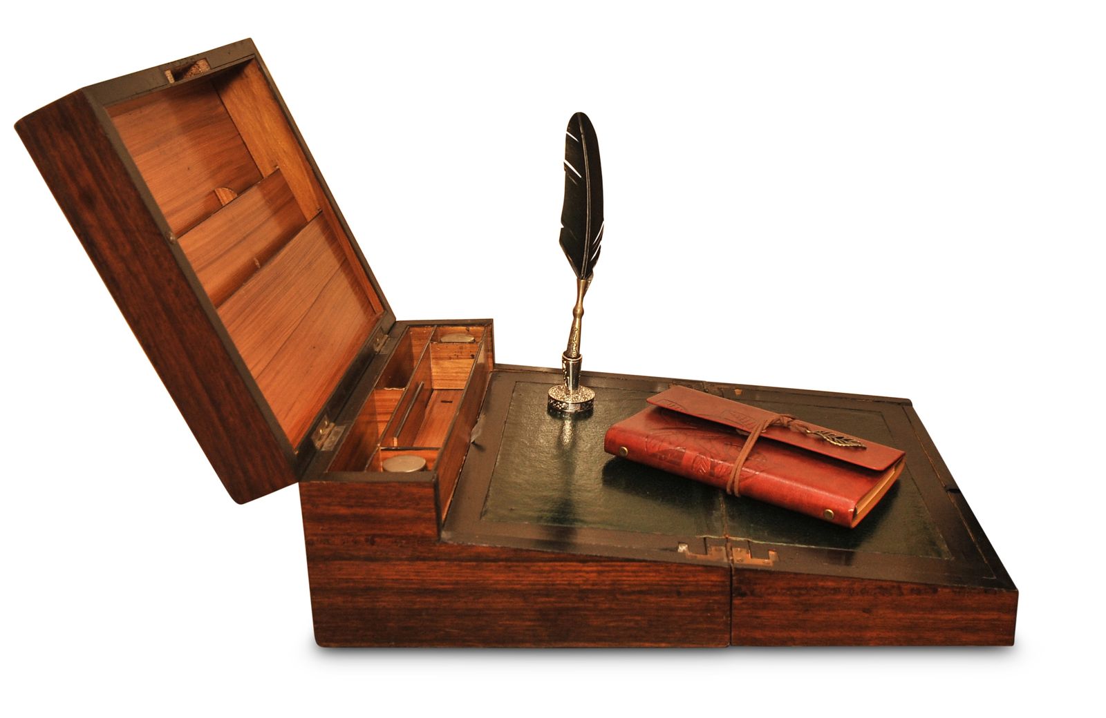 Elegant 19th Century Victorian Flame Mahogany Decorative Inlaid Fitted Writing Slope With Black Ebonised Accents & A Tooled Leather Interior photo buy