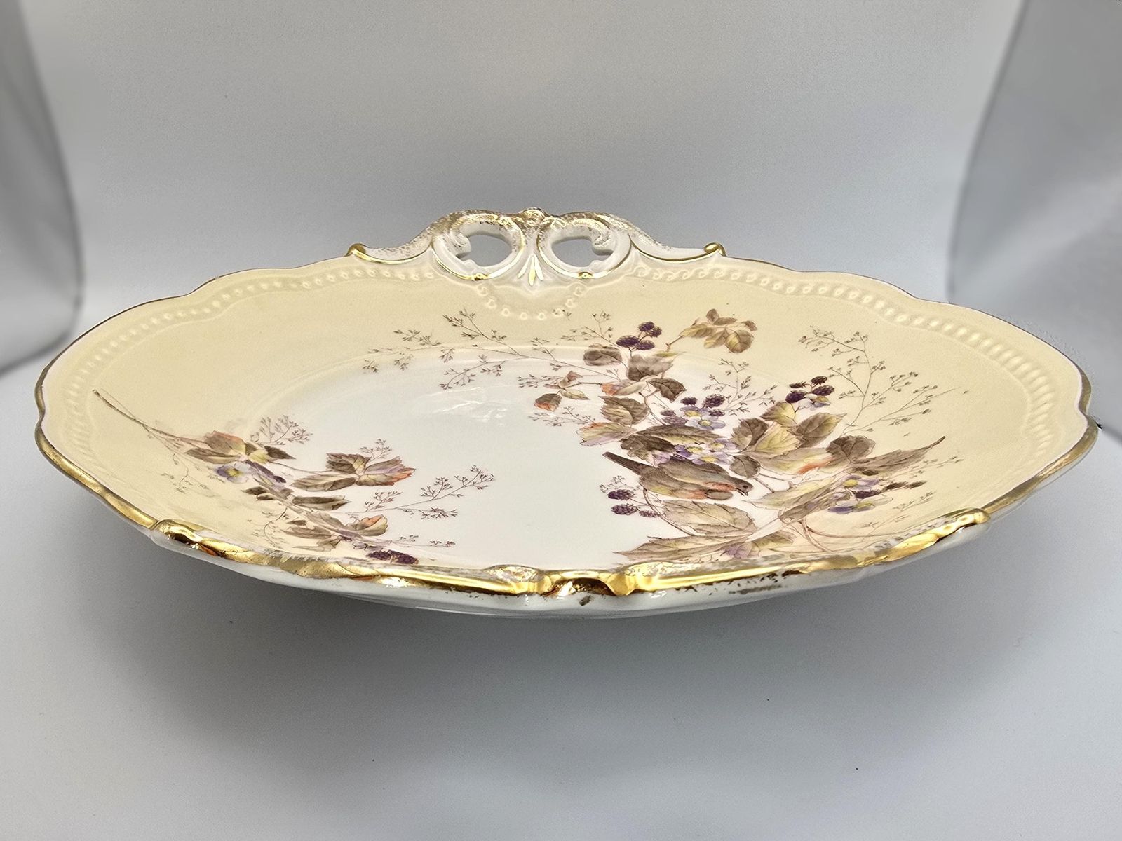 Antique Kpm Birds And Berries Platter   Autumn Themed Porcelain Charger   Hand Painted Cream And Gold Dish photo Home Decor