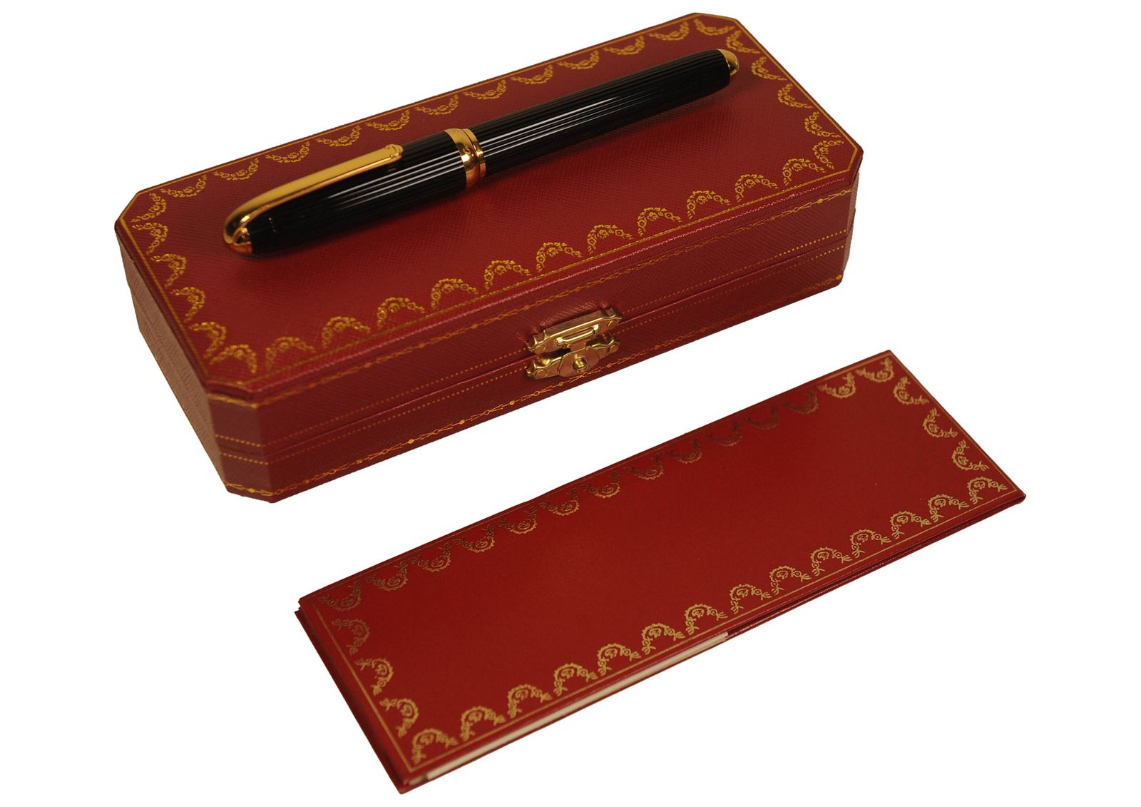 Cartier 18ct Gold Nib Louis Black Godron Ribbed Fountain Pen With Cartier Box, Finished With An Onyx Cabochon photo for sale