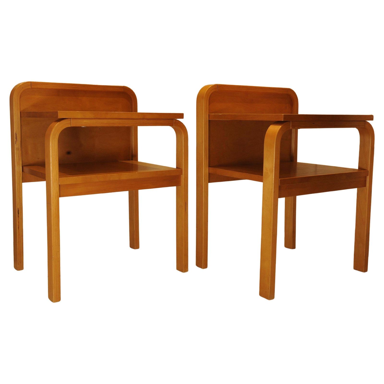 A Pair Of Original Isku Oy Of Finland Bent Plywood Birch Bedside Tables With Maker's Labels 1980's Ol photo for sale