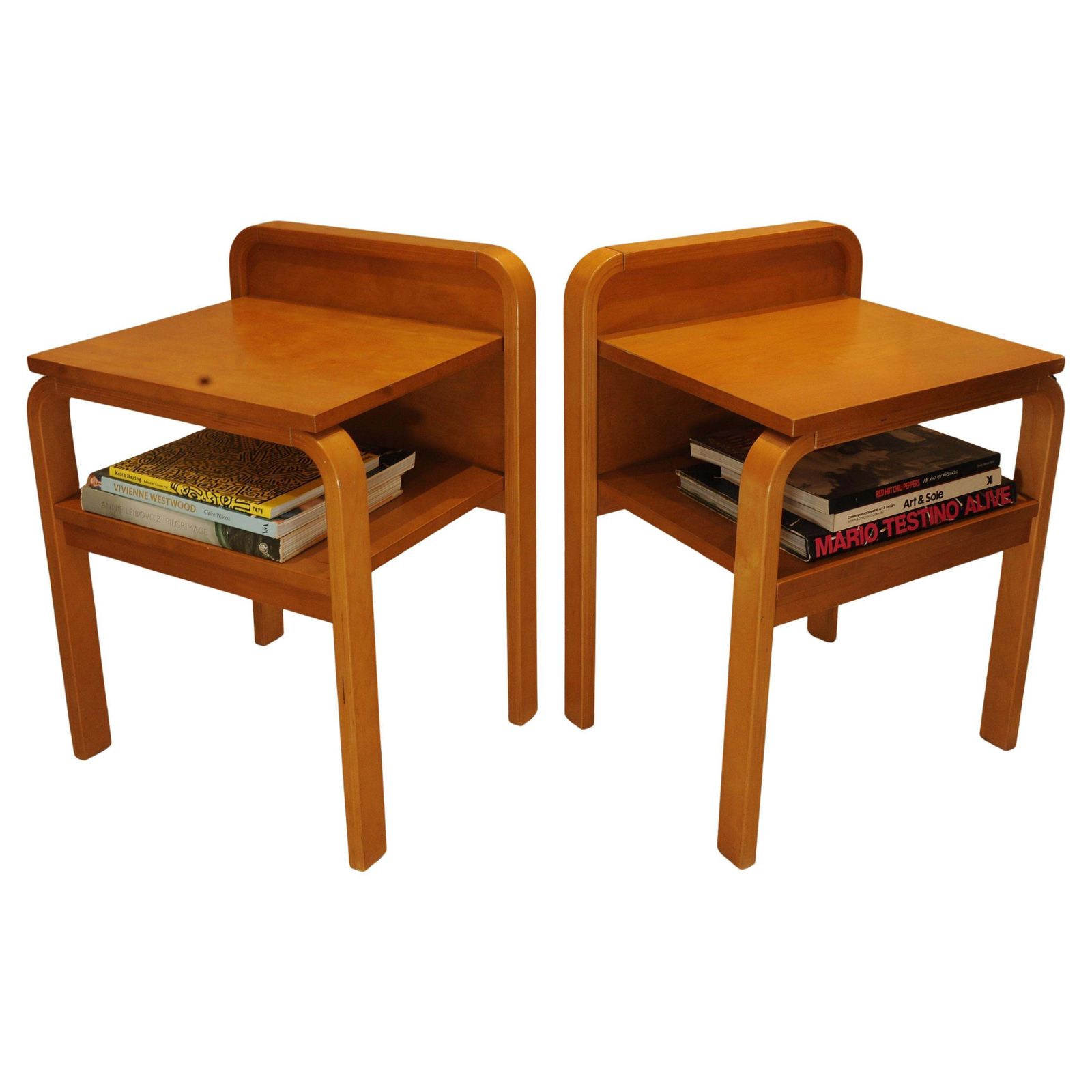 A Pair Of Original Isku Oy Of Finland Bent Plywood Birch Bedside Tables With Maker's Labels 1980's Ol