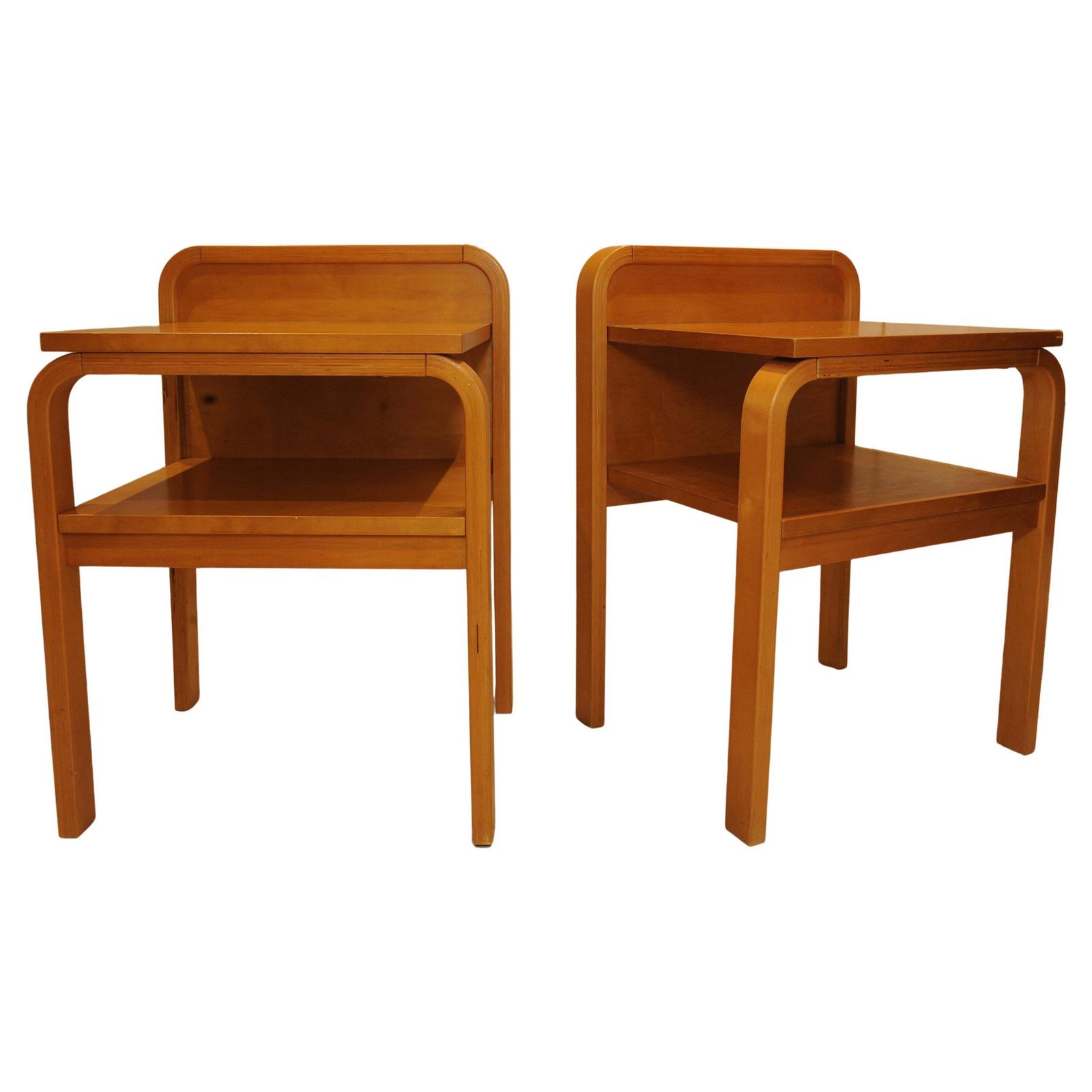 A Pair Of Original Isku Oy Of Finland Bent Plywood Birch Bedside Tables With Maker's Labels 1980's Ol photo vinterior