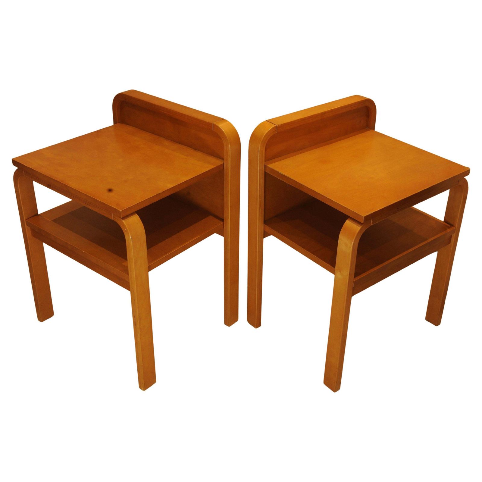 A Pair Of Original Isku Oy Of Finland Bent Plywood Birch Bedside Tables With Maker's Labels 1980's Ol photo furniture
