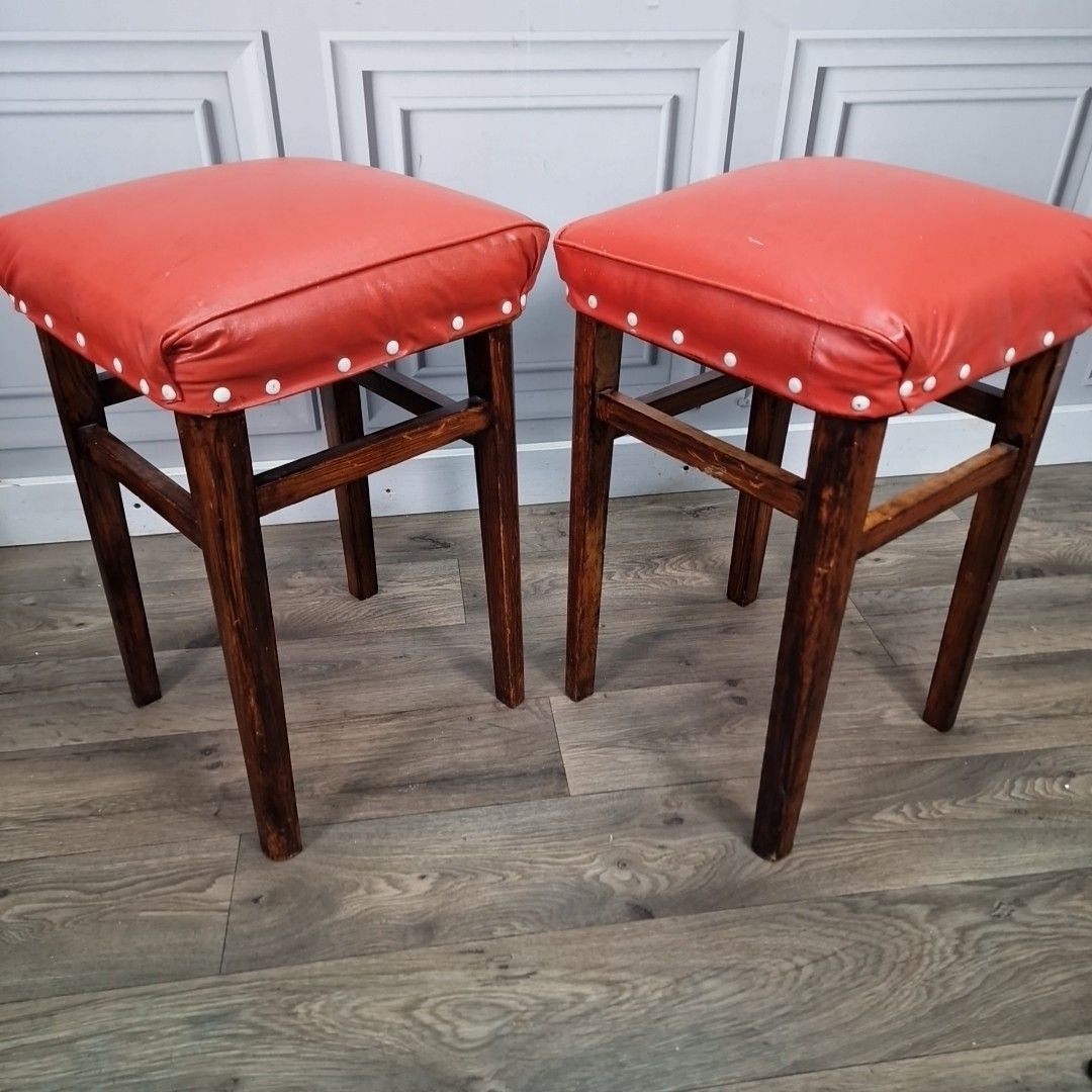 photo for sale Vintage Pair Of 2 Tall Retro Mid Century Modern Wood Effect Vinyl Kitchen Stools