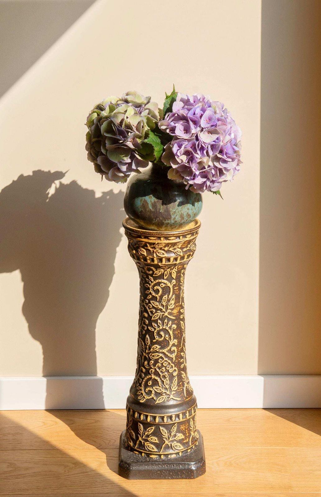 Mid Century Ceramic Plant Stand, West Germany Pottery Jardiniere, Pedestal With Floral Decorations, Vintage Plant Table photo Home Decor
