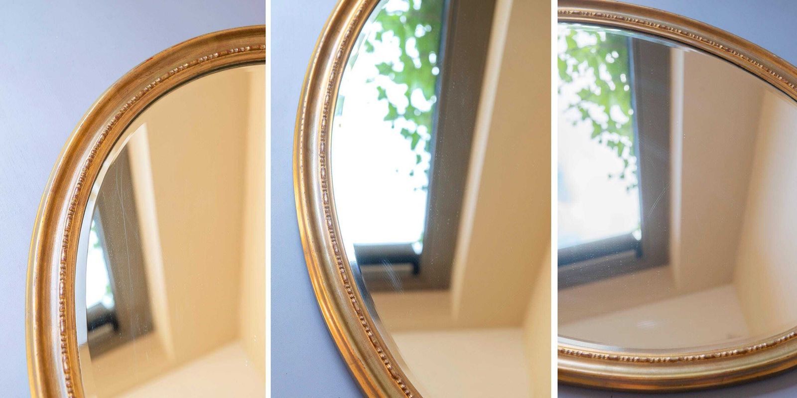 photo for sale Grote Ovale Gouden Spiegel Met Geslepen Glas, Decoratieve Belgische Schouwspiegel, Barok Ornamentele Spiegel, Wandspiegel Jaren 1960
