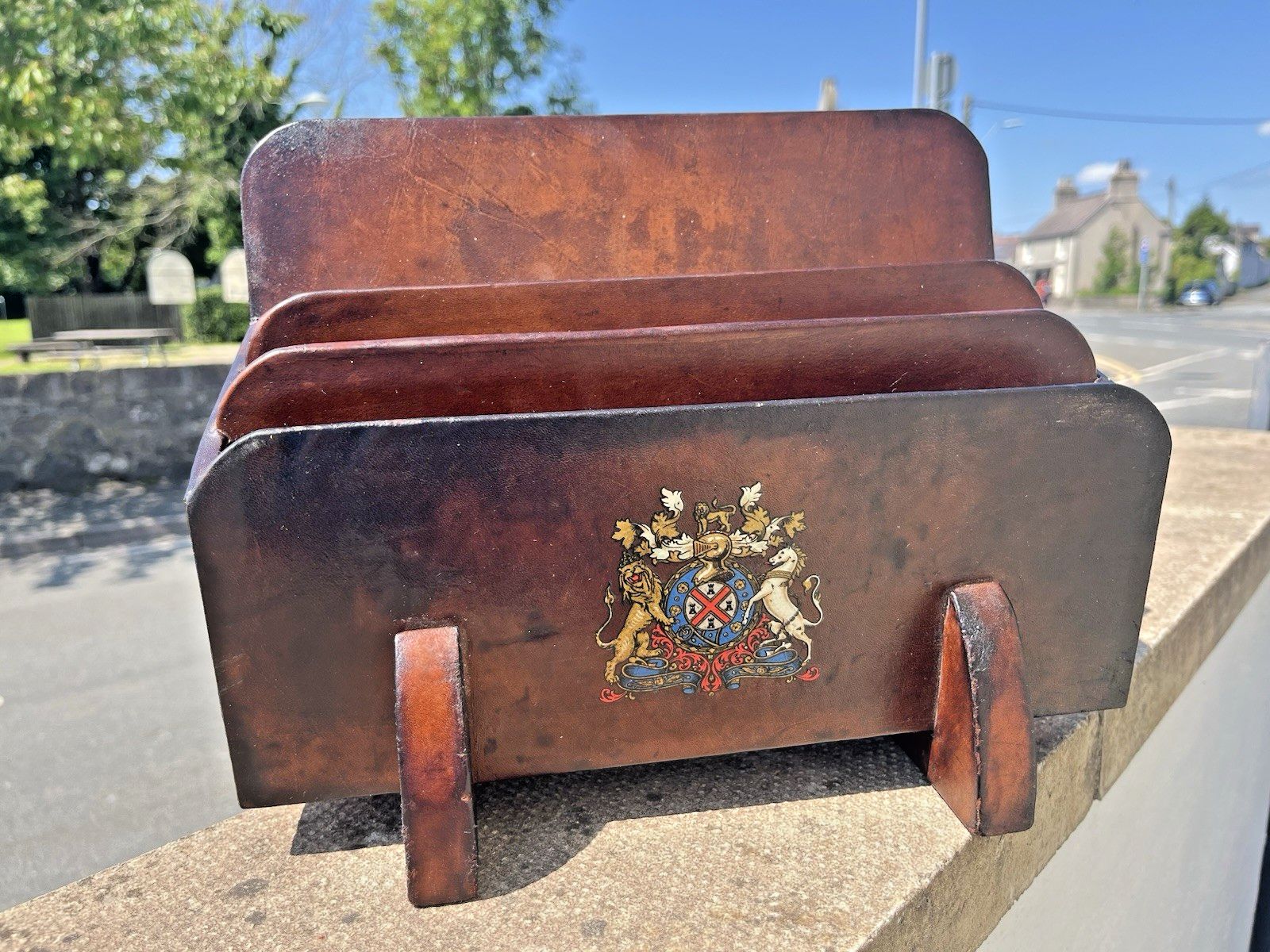 Large Vintage Leather Uk Royal Coat Of Arms Desk Letter Rack Reception Organiser