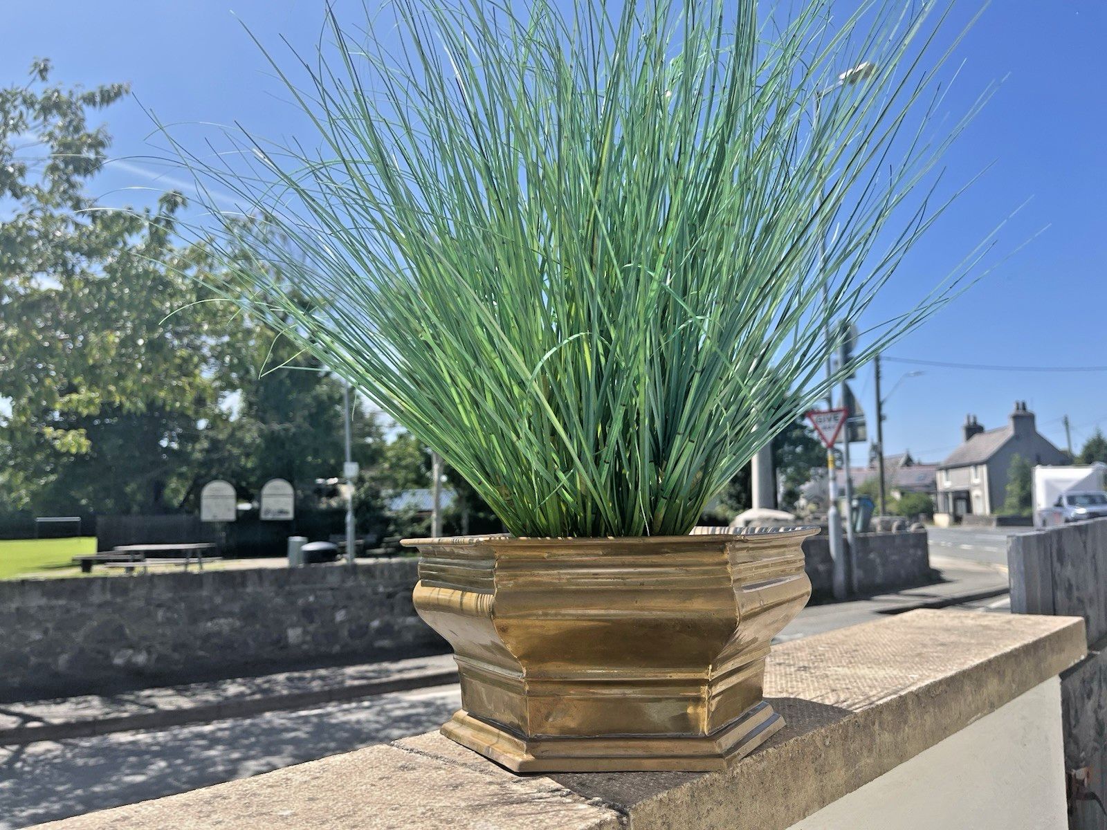 Art Deco Style Hexagonal Stepped Brass Planter Plant Cache Pot Antique Vintage photo for sale
