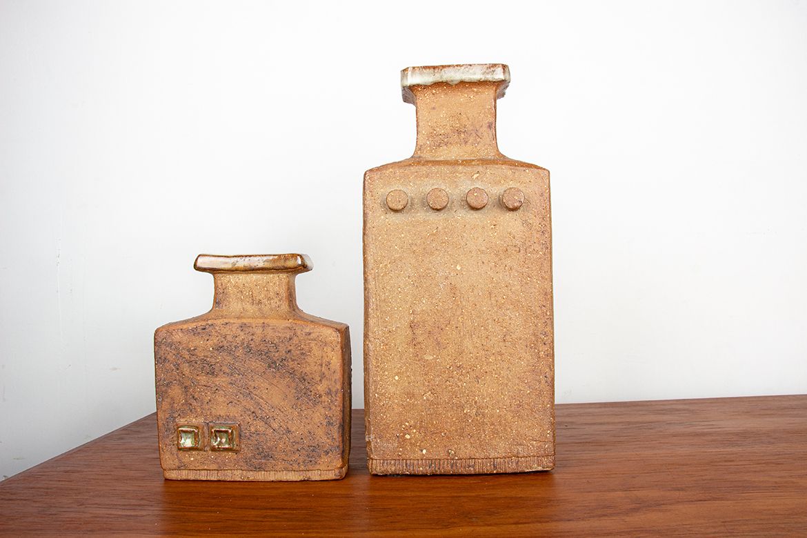 Pair Of Swedish Brutalist Style Stoneware Vases With Glazed Collar By Curt Magnus Addin 1960. photo for sale