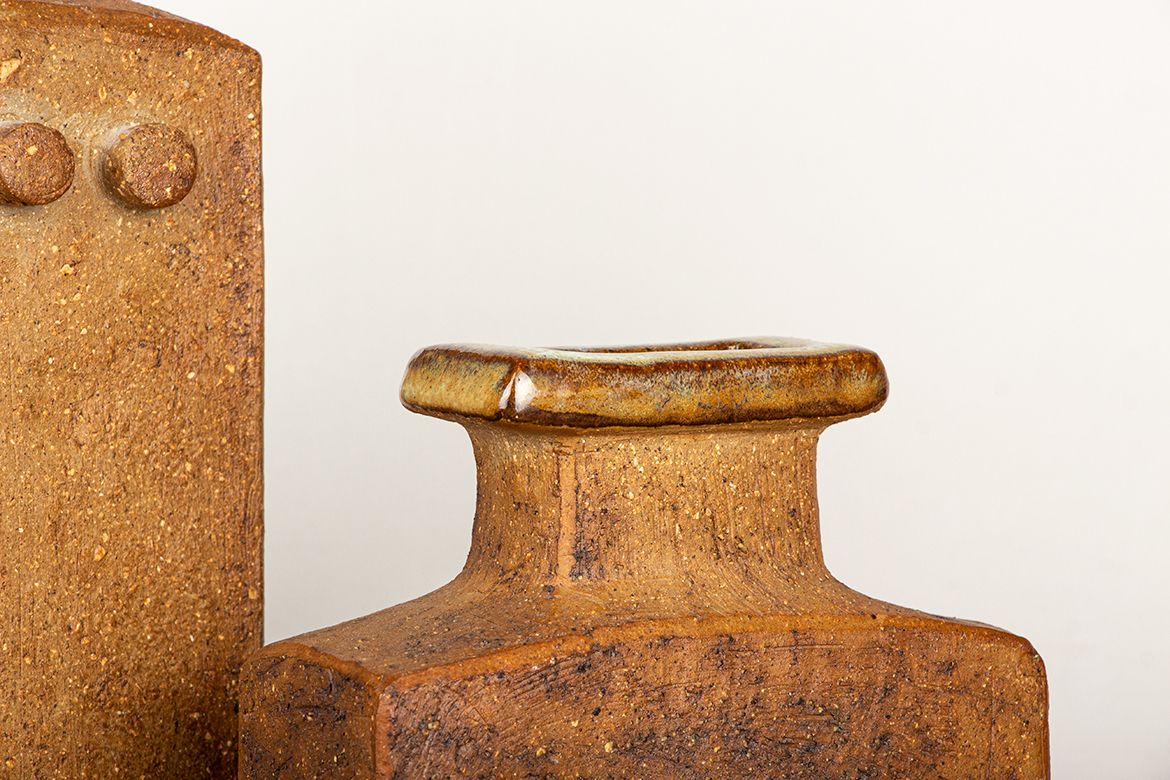 Pair Of Swedish Brutalist Style Stoneware Vases With Glazed Collar By Curt Magnus Addin 1960. photo vinterior