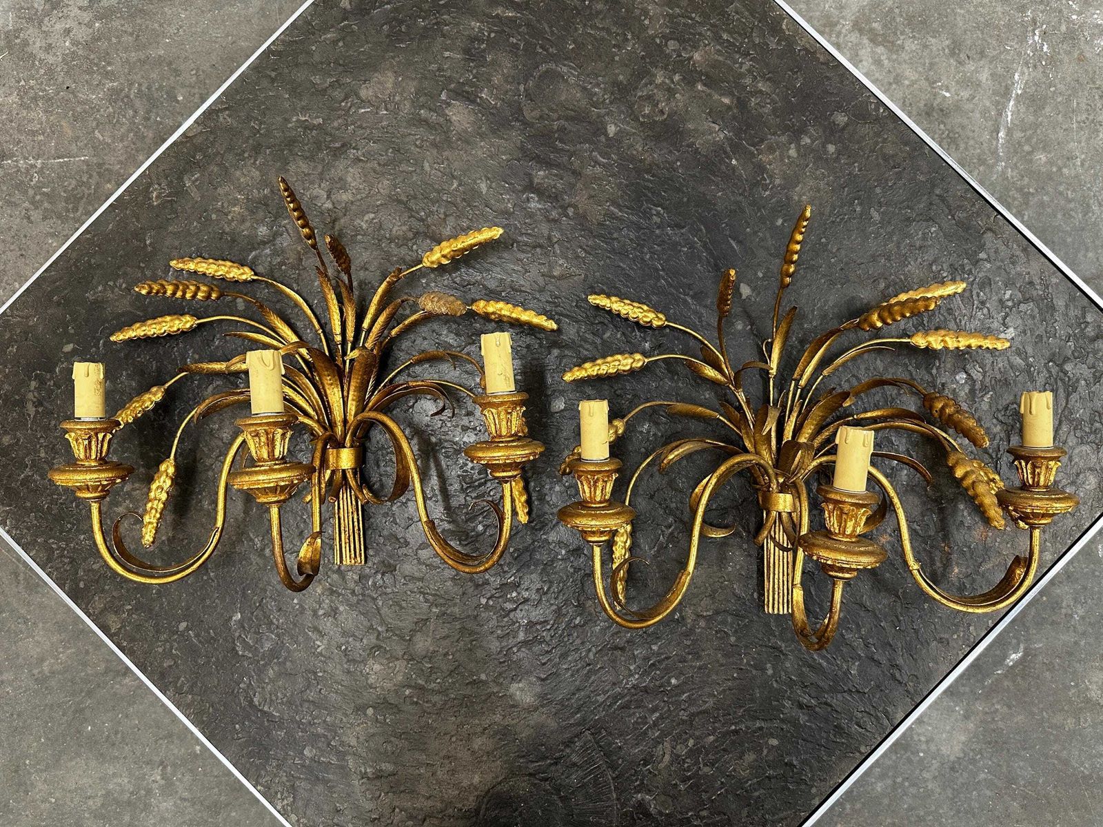 Pair Of Italian Gilt Metal Wheat Sheaf Wall Sconces, 1950s photo for sale