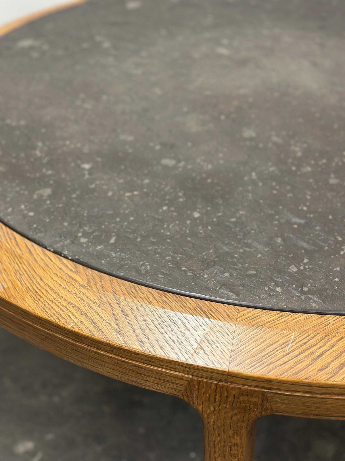 Vintage Round Textured Slate And Solid Oak Coffee Table, France, 1970s photo 1137.0
