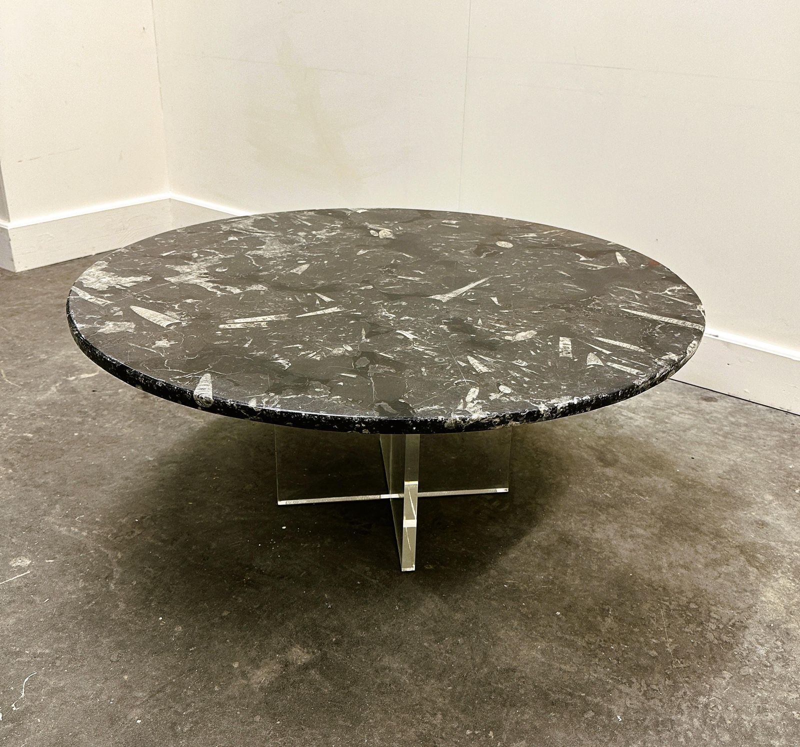 Fossil Stone Coffee Table On Plexiglass Cross Base, In The Style Of Heinz Lilienthal, 1970s photo vintage