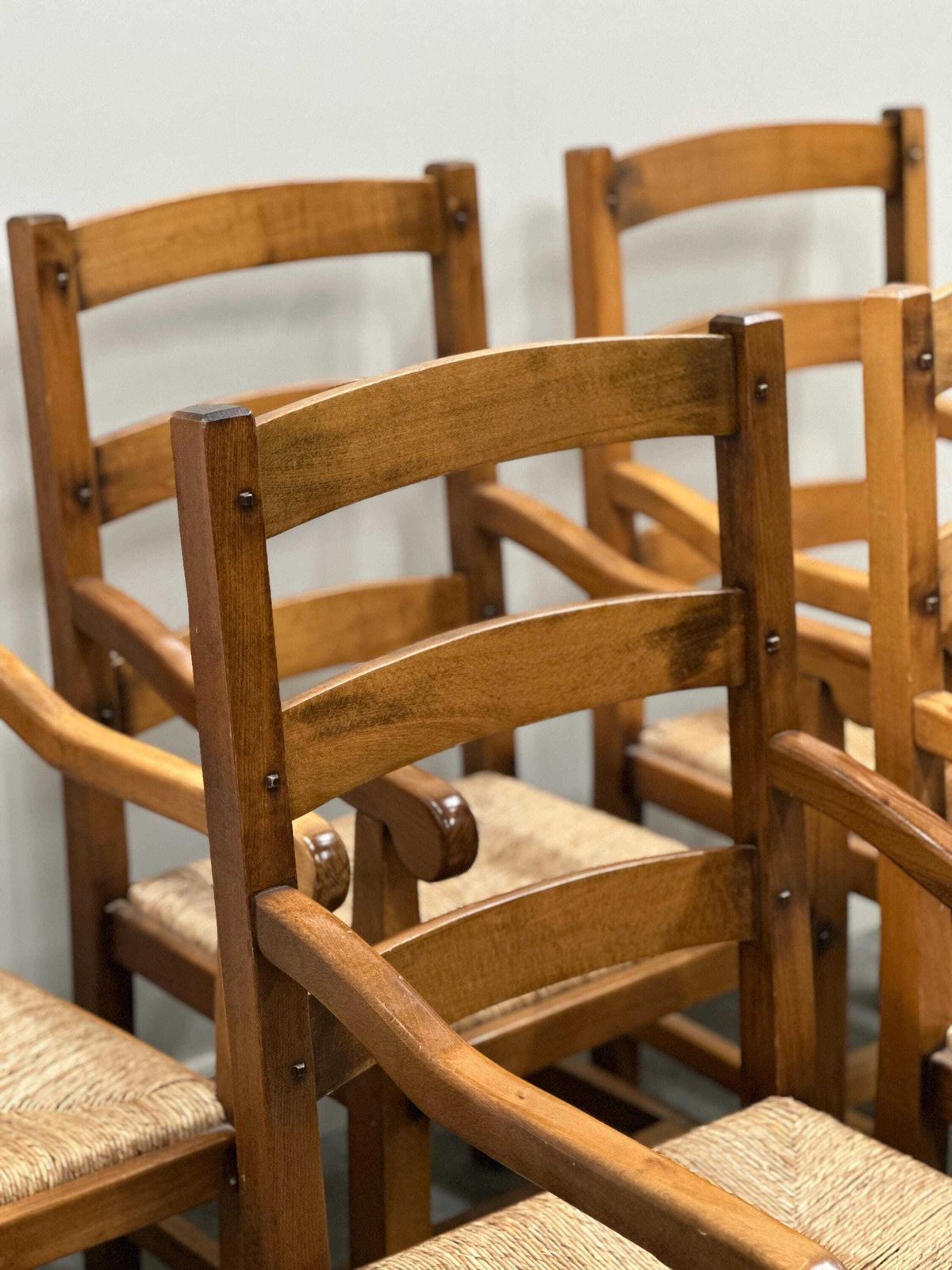 Set Of 5 Large French Oak Dining Armchairs With Rush Seats, 1970s photo furniture