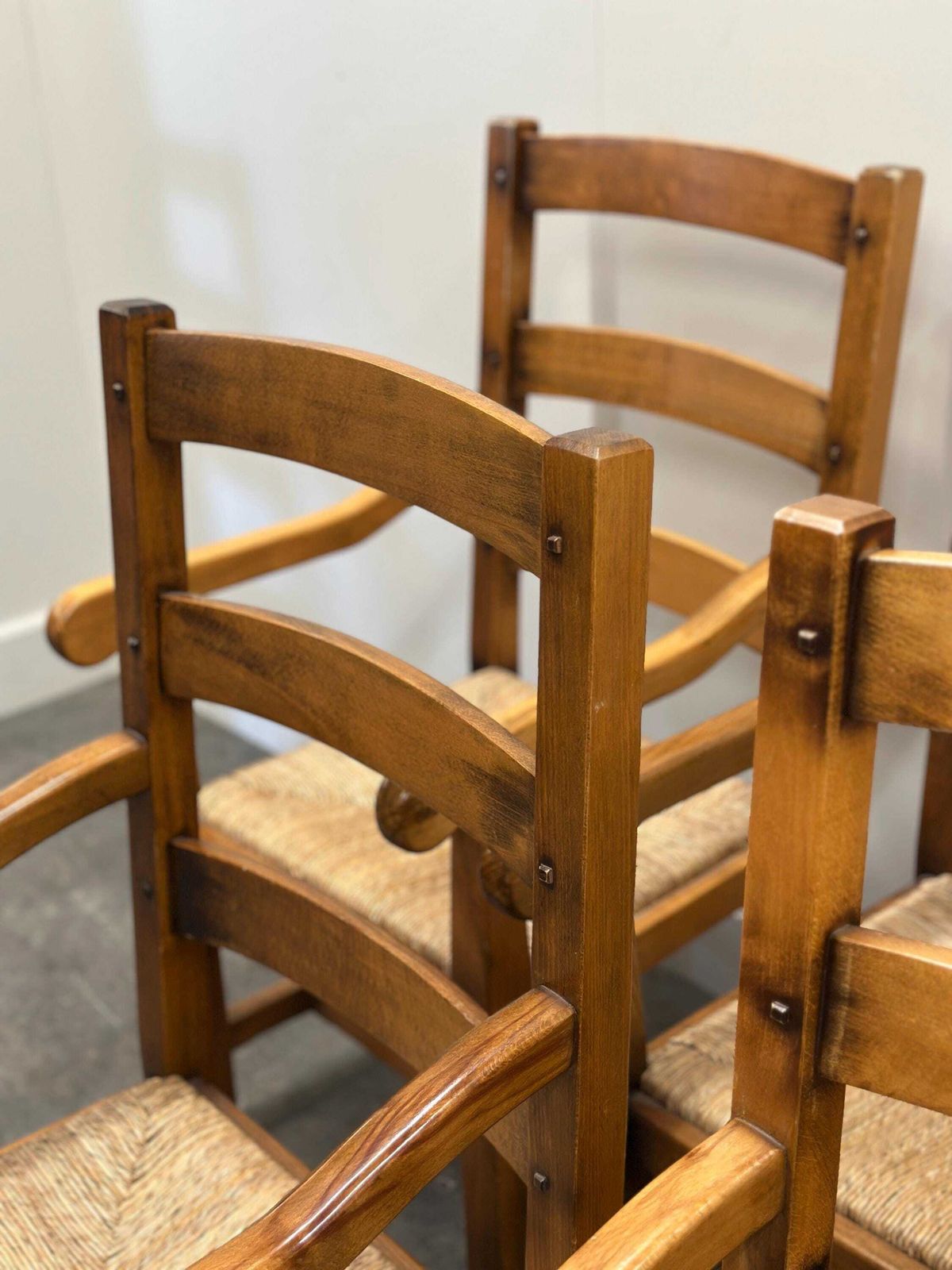 Set Of 5 Large French Oak Dining Armchairs With Rush Seats, 1970s photo vinterior