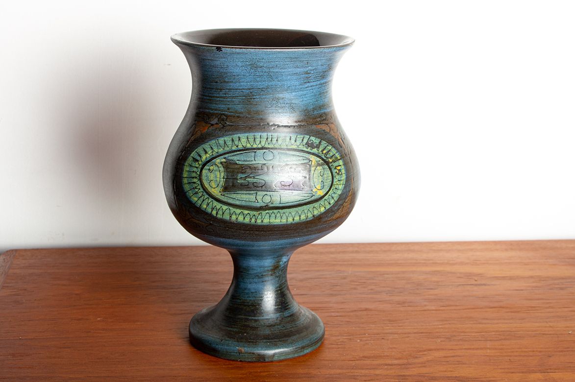 Vallauris, Modernist Vase In Blue And Green Glazed Ceramic By Jean De Lespinasse 1950. photo 1400.0