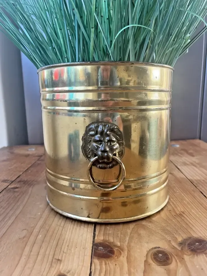 Vintage Brass Planter Plant Pot Lions Head Brass Handles Champagne Ice Bucket photo buy