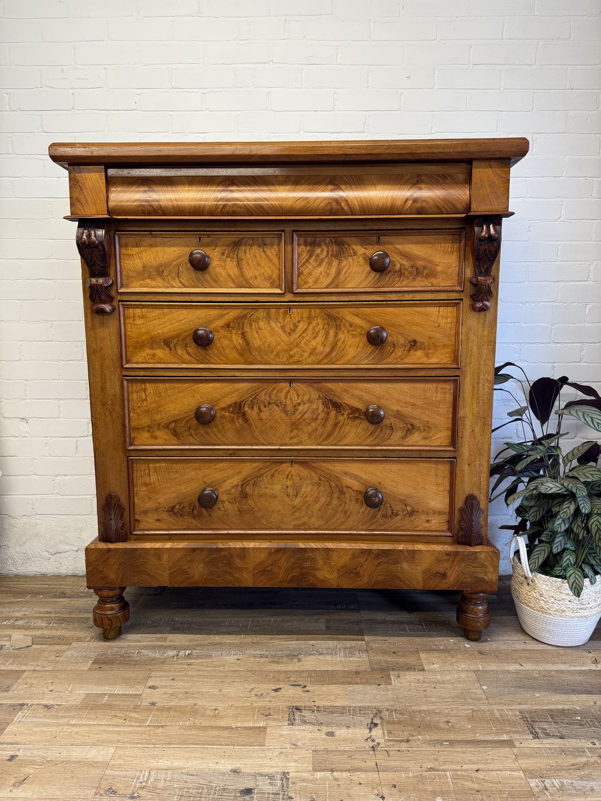 Edwardian Flame Mahogany Chest Of Drawers With Hidden Drawer –  Dated 1902