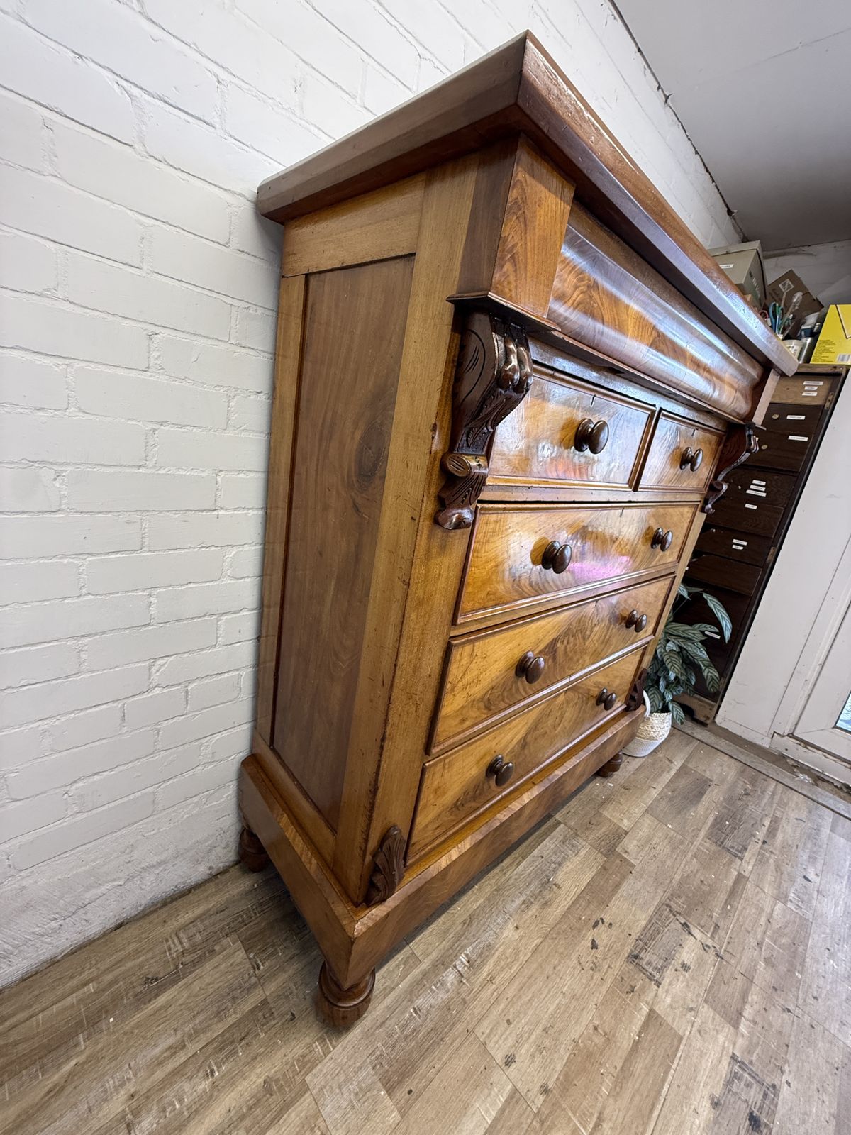 photo buy Edwardian Flame Mahogany Chest Of Drawers With Hidden Drawer –  Dated 1902
