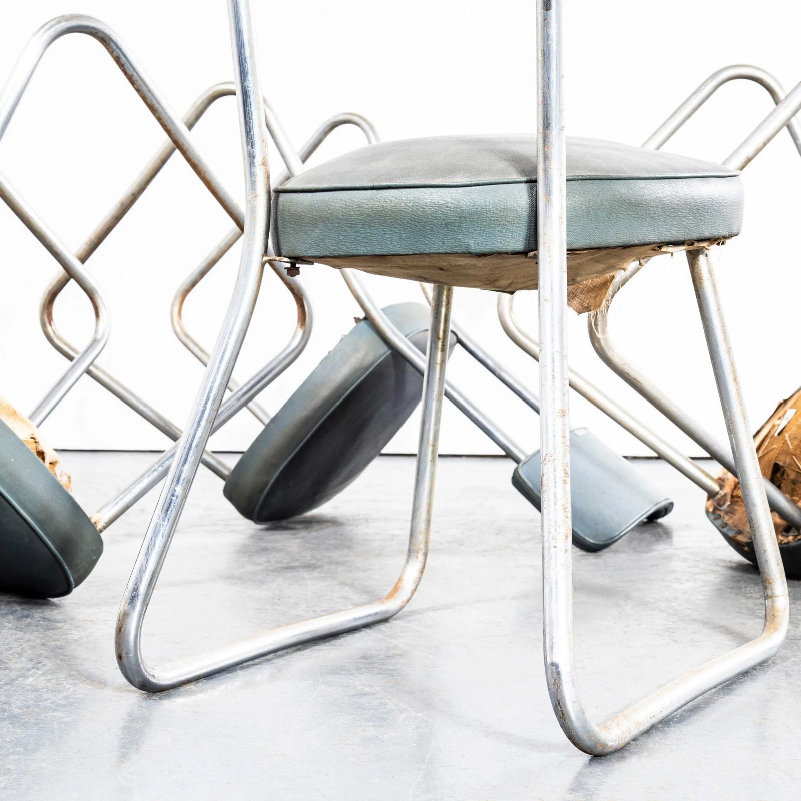 1950’s French Duck Egg Blue Upholstered Dining Chairs By Roneo – Set Of Four photo vinterior