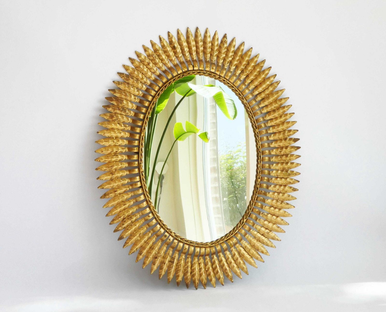 Large Oval Metal Gold Gilt Sun Mirror, Vintage Italian Sunburst Wall Mirror, Framed Wall Decoration