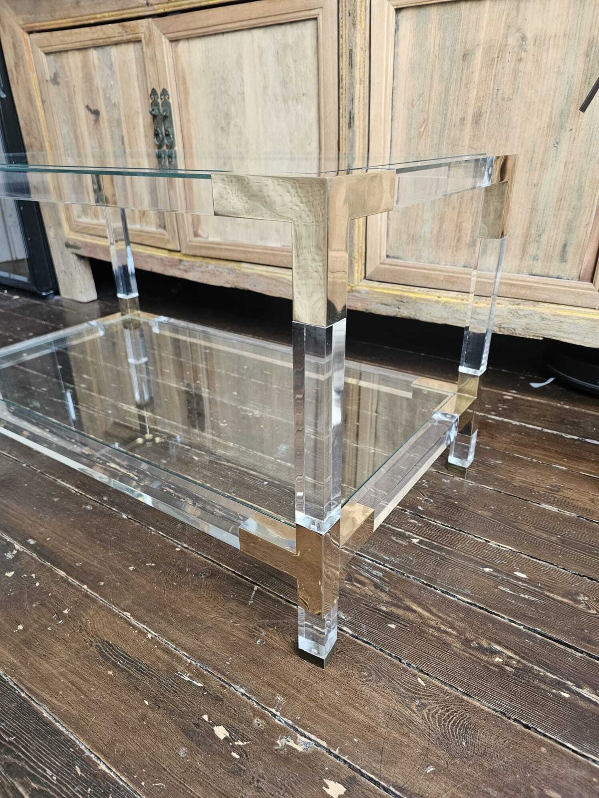 Furniture Glass, Lucite & Brass Coffee Table, 1970s, Charles Hollis Jones Style photo