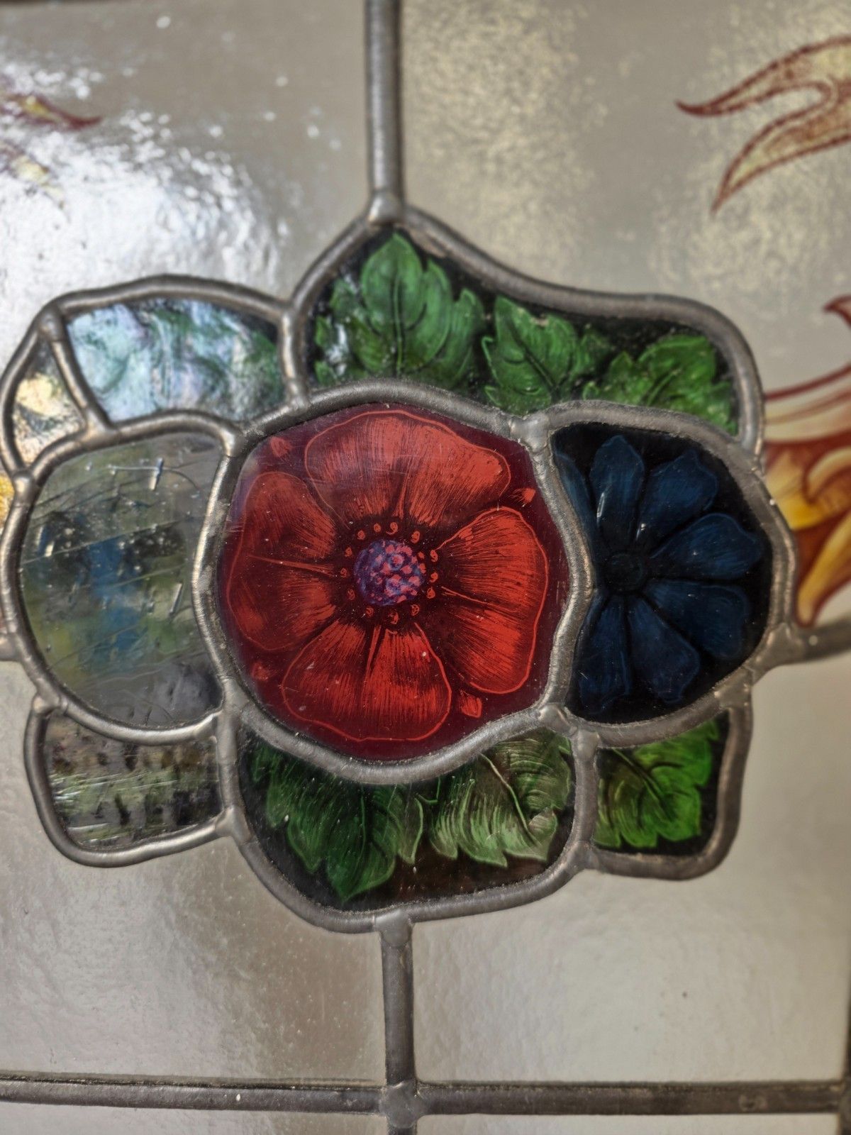 Antique Leaded Glass Window With Hand Painted Detail Of Flowers, Swags And... photo 450.0