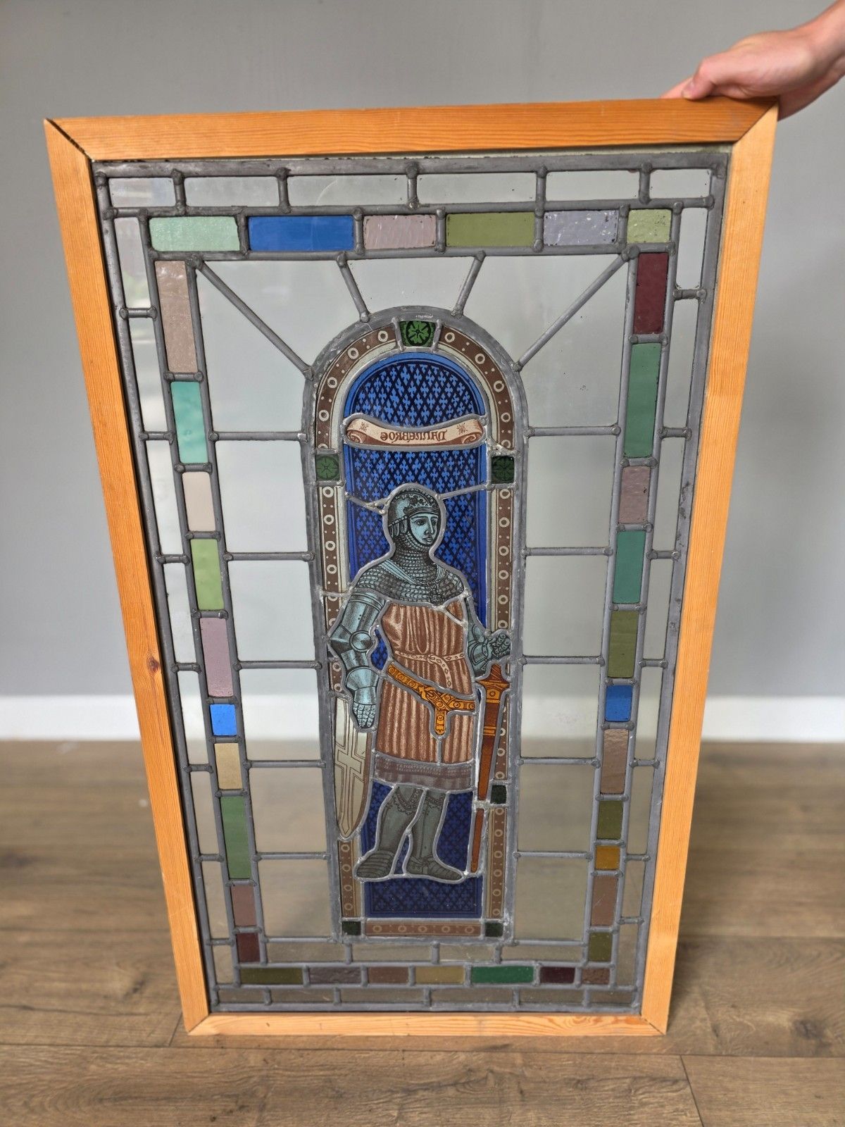 1900 Antique Leaded Glass Window With Hand Painted Victorian Knight In Armour
