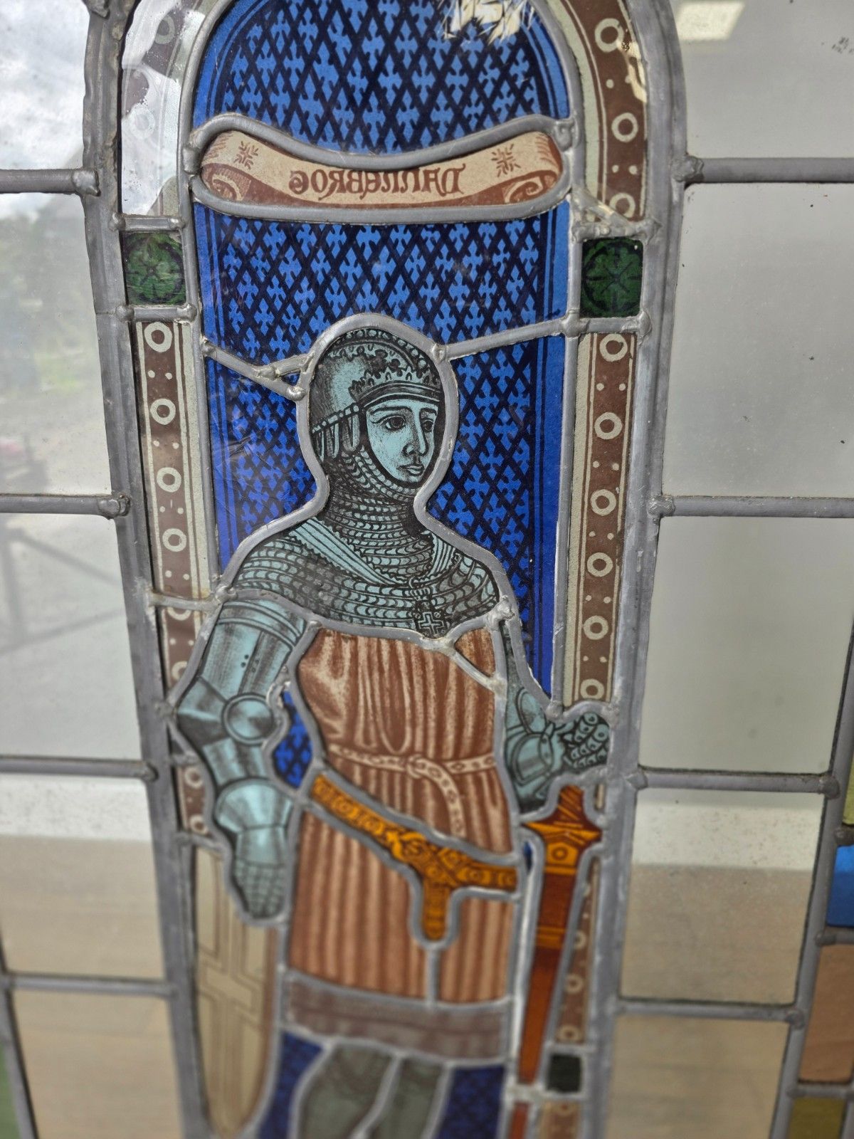 1900 Antique Leaded Glass Window With Hand Painted Victorian Knight In Armour photo for sale