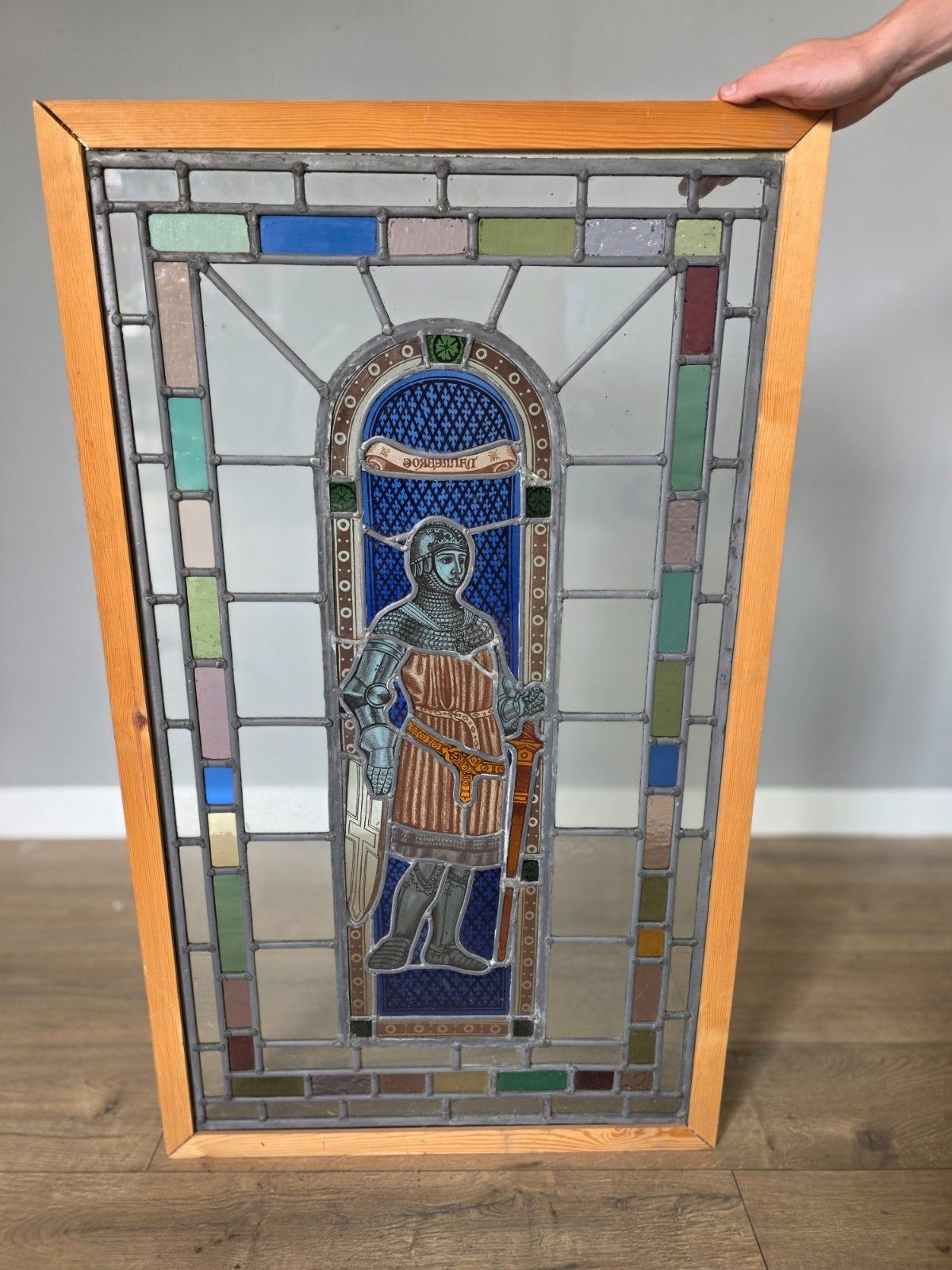 1900 Antique Leaded Glass Window With Hand Painted Victorian Knight In Armour photo Art