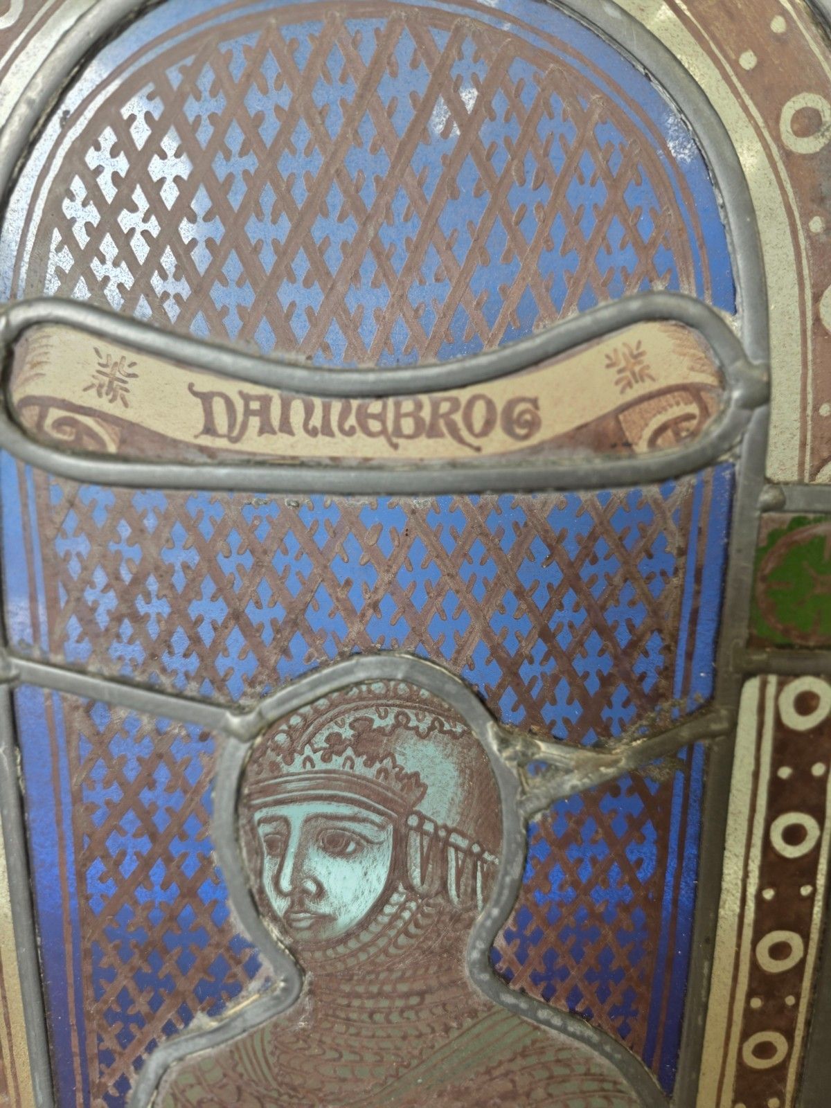 1900 Antique Leaded Glass Window With Hand Painted Victorian Knight In Armour photo 595.0