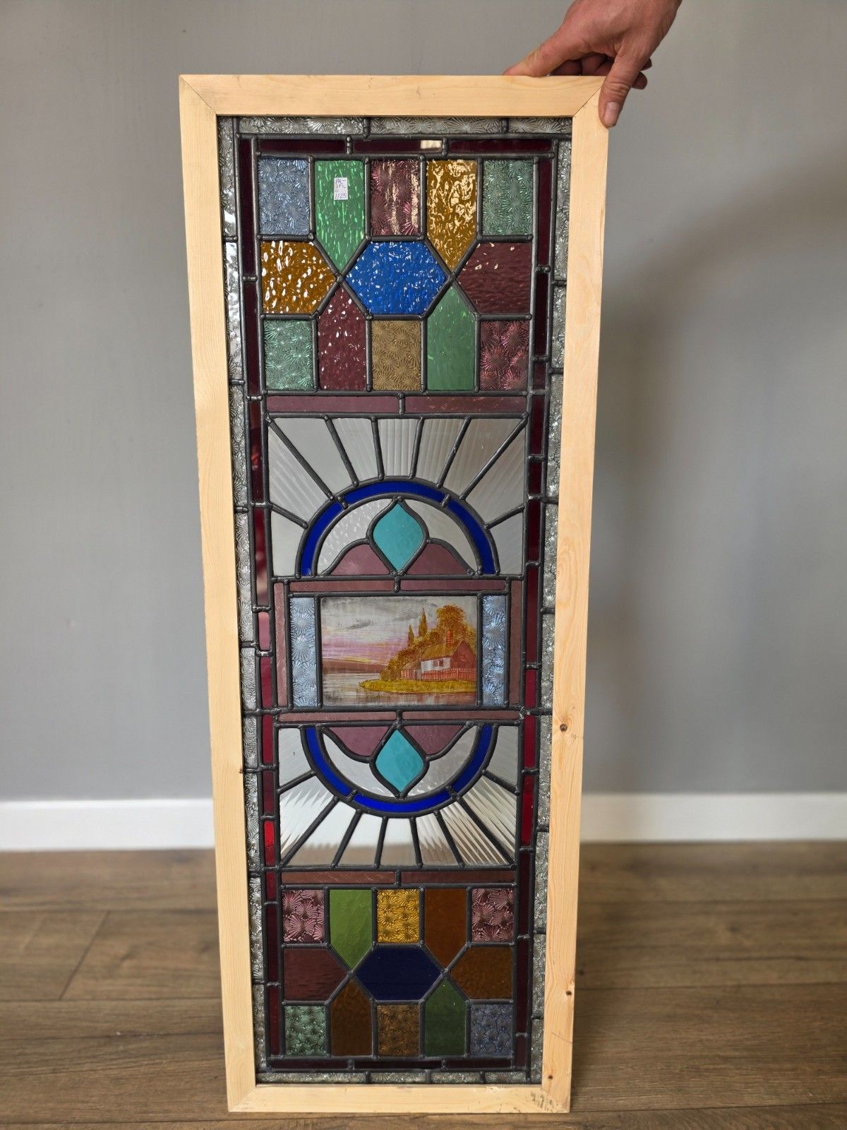 1900 Antique Leaded Glass Window With Hand Painted Countryside Scene photo furniture