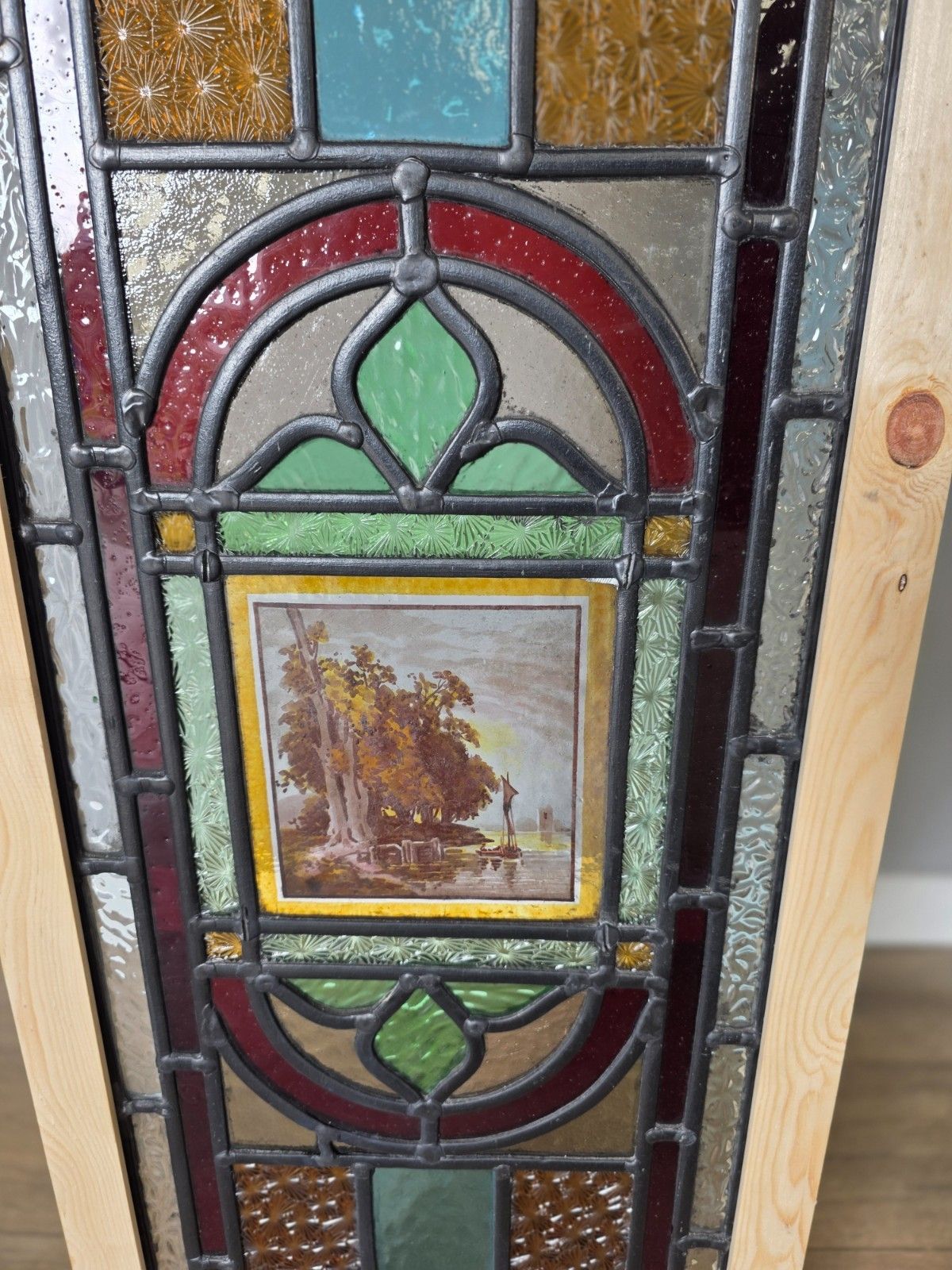 1900 Antique Leaded Glass Window With Hand Painted Countryside Scene photo furniture