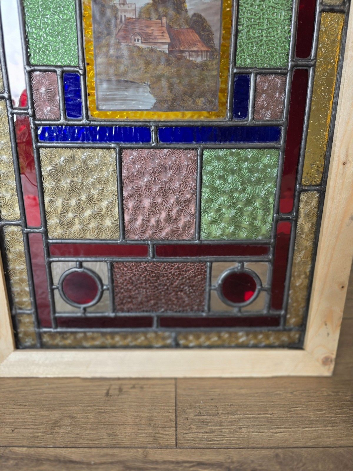 1900 Antique Leaded Glass Window With Hand Painted Countryside Scene photo 650.0