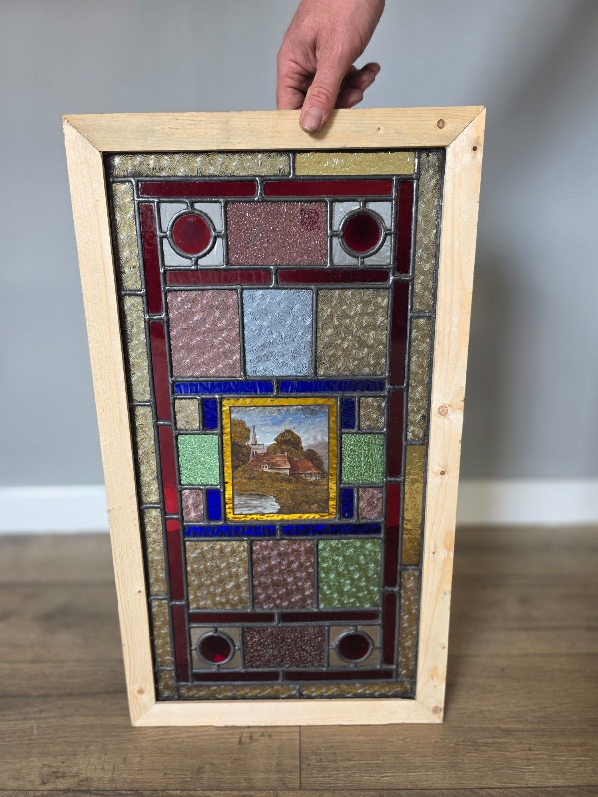 1900 Antique Leaded Glass Window With Hand Painted Countryside Scene photo vinterior