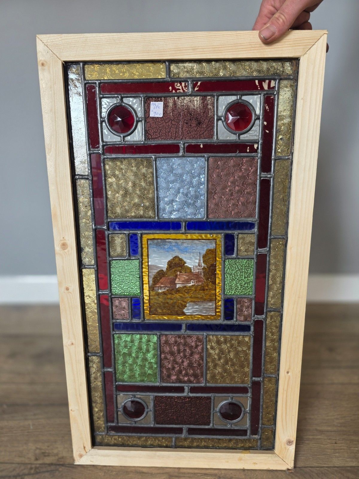 1900 Antique Leaded Glass Window With Hand Painted Countryside Scene photo buy